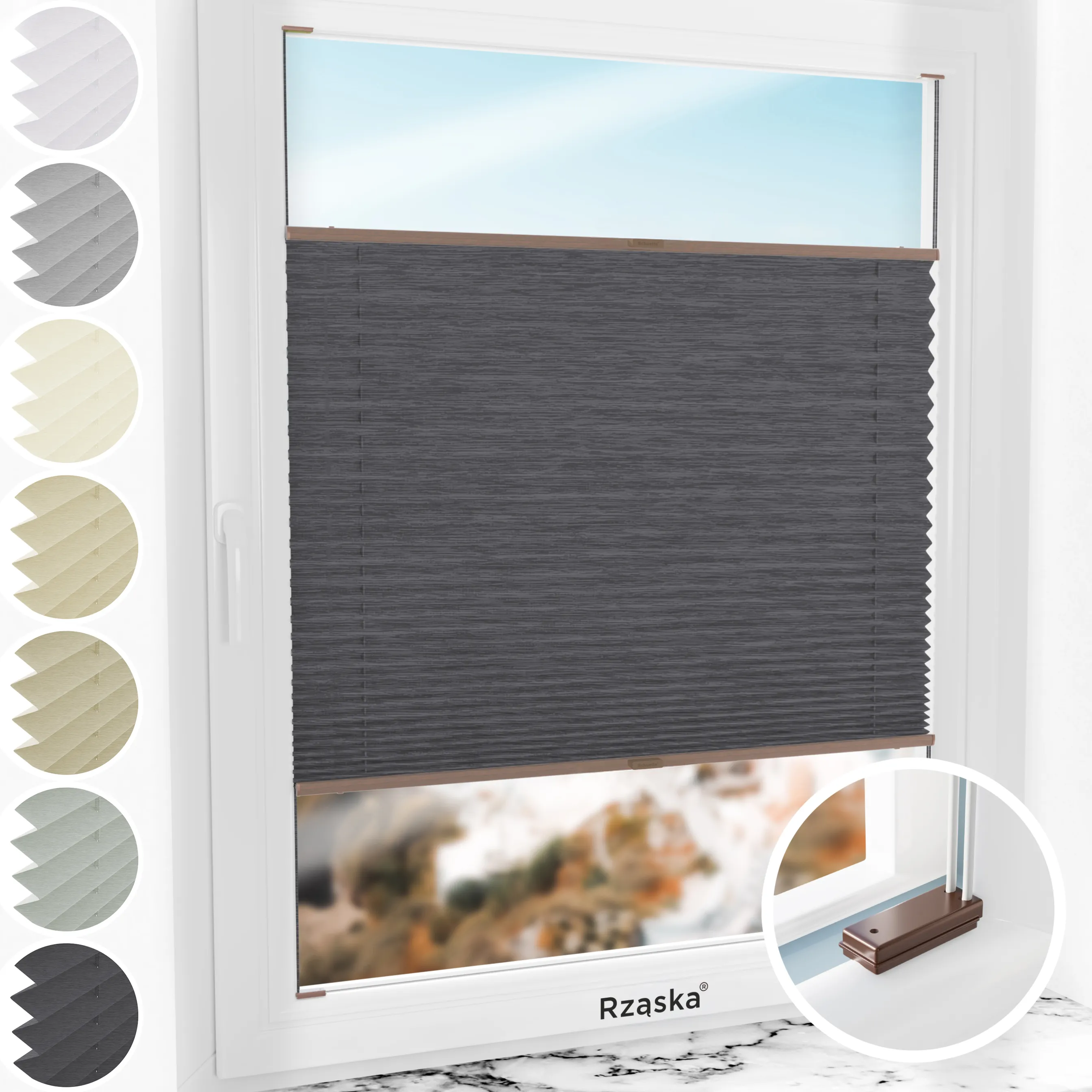 Inwazyjne rolety plisowane Rząska® na wymiar, uchwyty Risinfix do przykręcania, kolekcja Dolomite w kolorze Ciemny vintage, szarym z profilem brązowym.