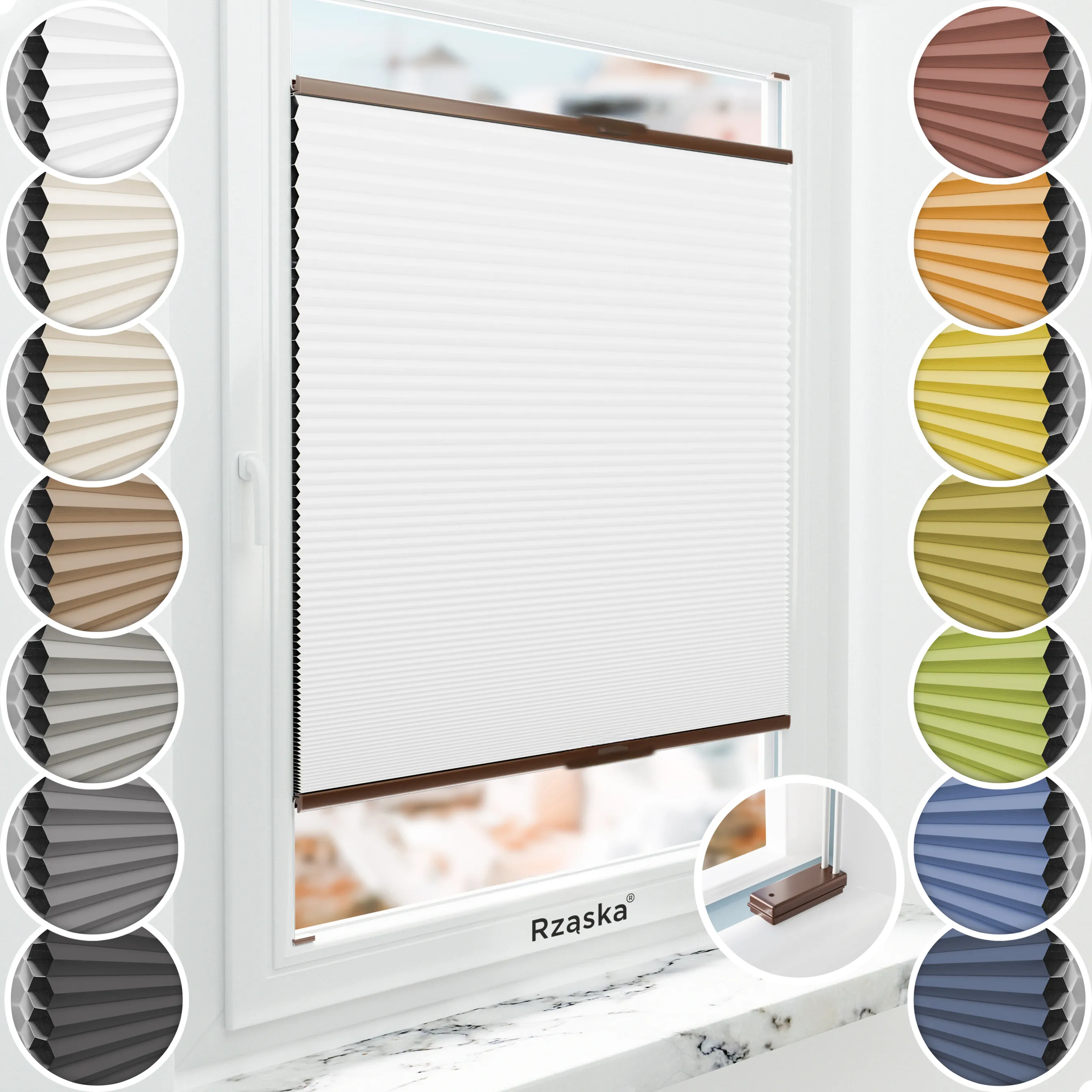 Inwazyjne plisy, rolety termoizolacyjne Rząska® na wymiar o strukturze plastra miodu kolekcja Honeycomb w kolorze Światło księżyca, białym z profilem brązowym.