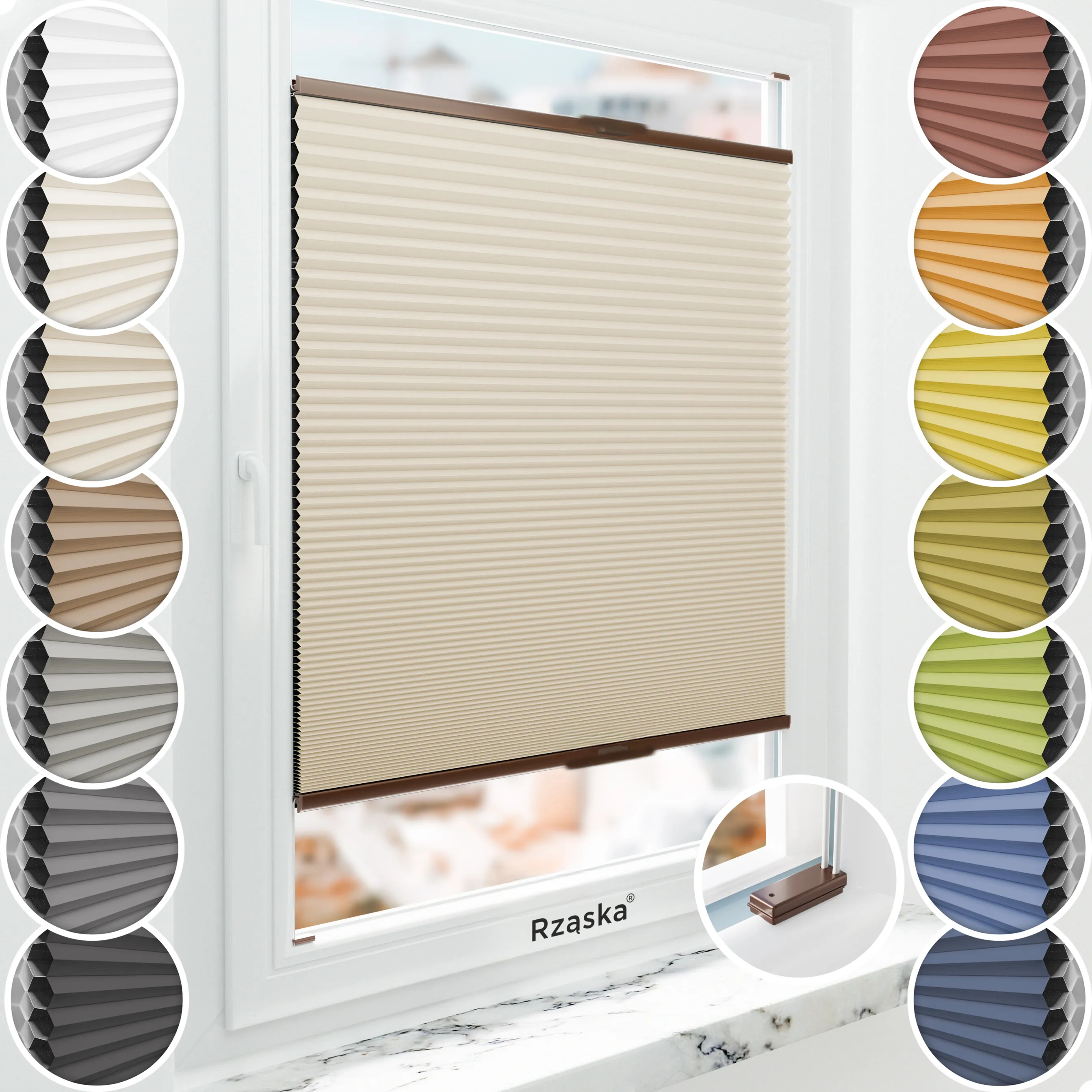 Inwazyjne plisy, rolety termoizolacyjne Rząska® na wymiar o strukturze plastra miodu kolekcja Honeycomb w kolorze Wydma, beżowym z profilem brązowym.