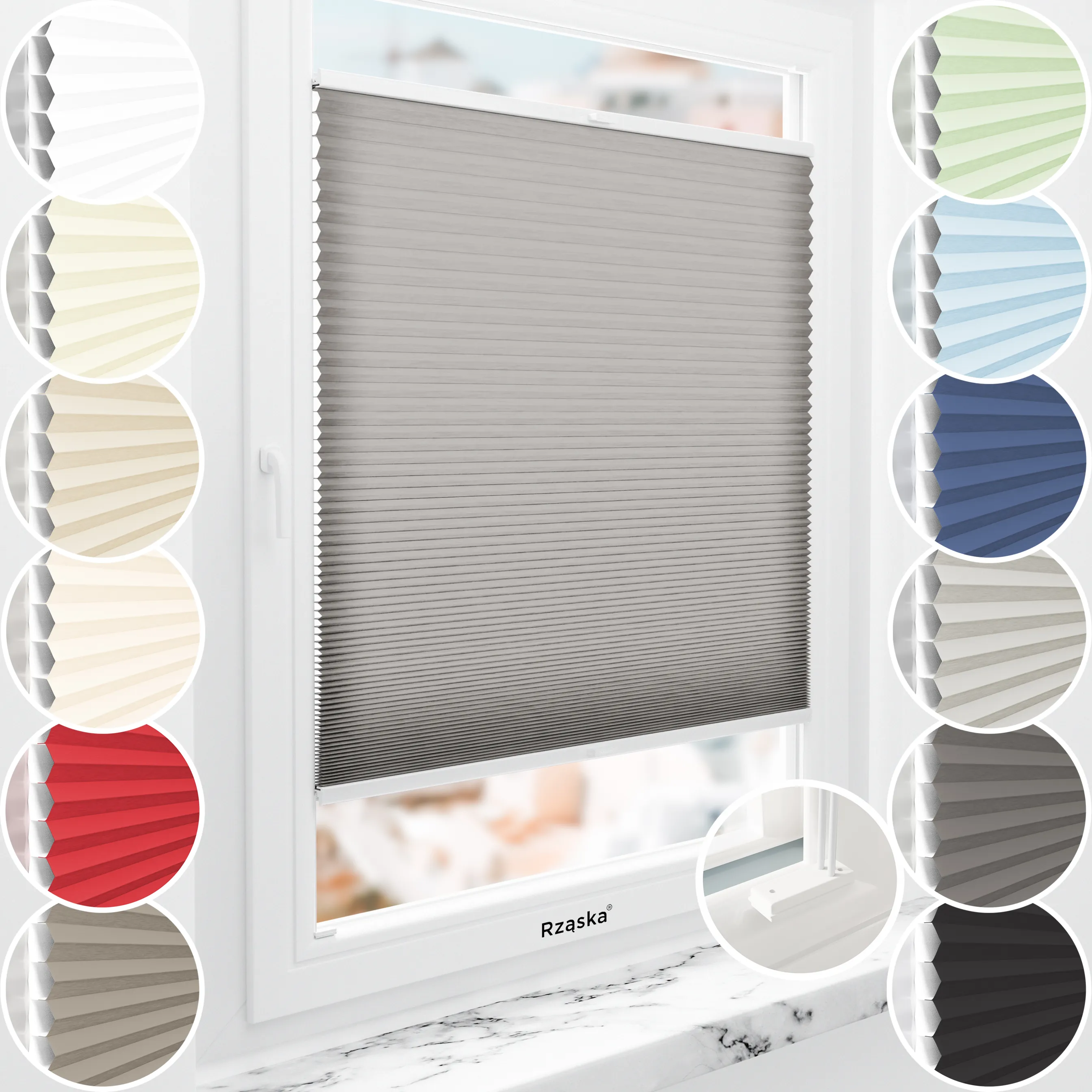 Rząska® inwazyjne plisy zaciemniające na wymiar • Thermo Honeycomb (Plaster Miodu): kolor tkaniny Makowy Pył, ciemnoszary • kolor profili biały