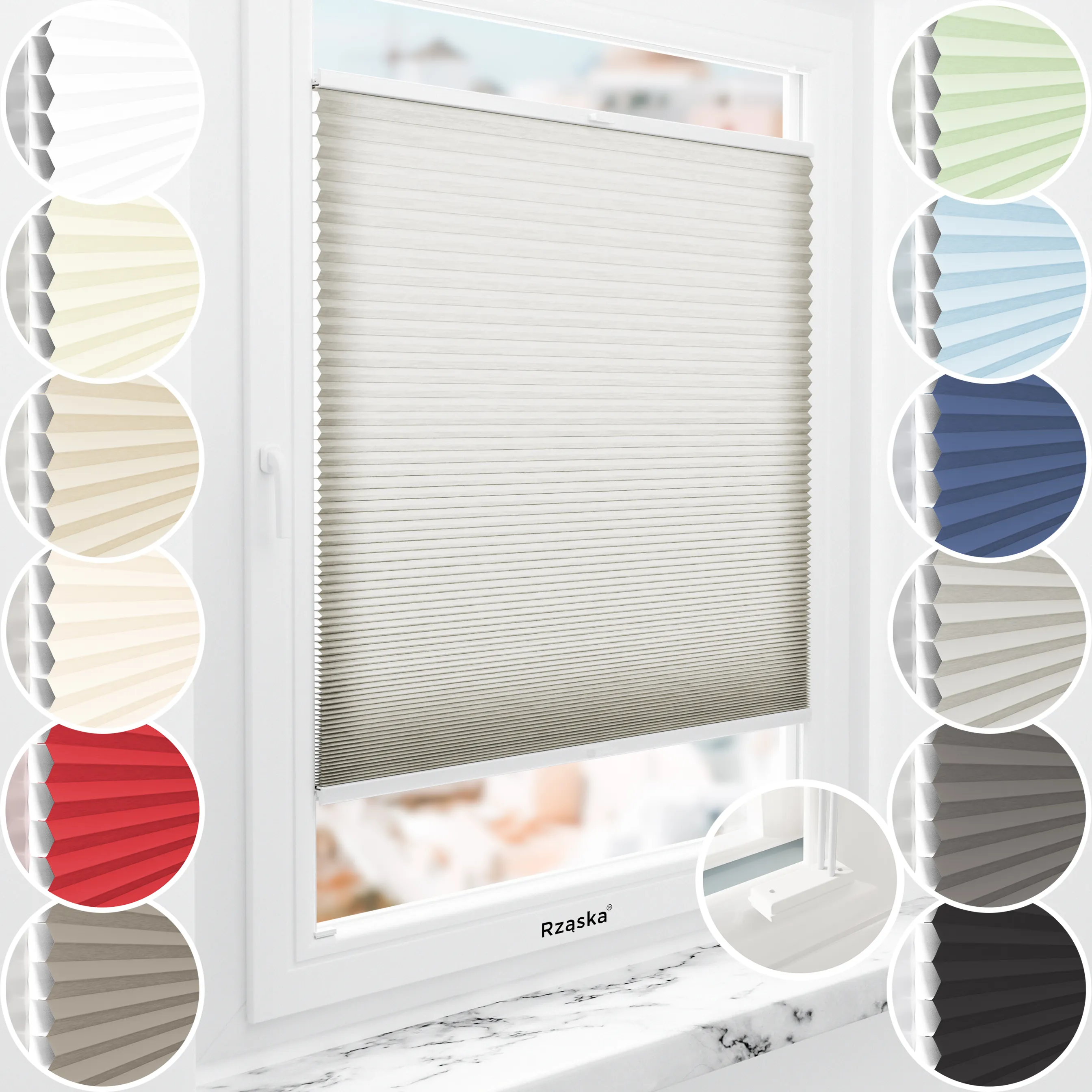 Rząska® inwazyjne plisy zaciemniające na wymiar • Thermo Honeycomb (Plaster Miodu): kolor tkaniny Chia Pudding, szary • kolor profili biały