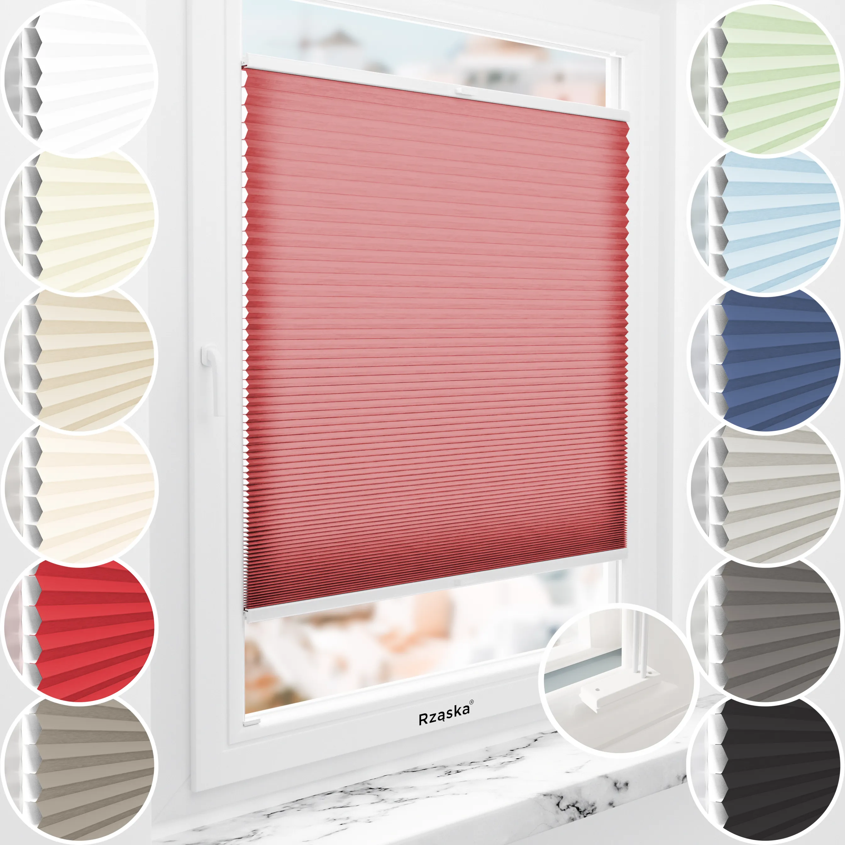 Rząska® inwazyjne plisy zaciemniające na wymiar • Thermo Honeycomb (Plaster Miodu): kolor tkaniny Soczysta Wiśnia, czerwony • kolor profili biały