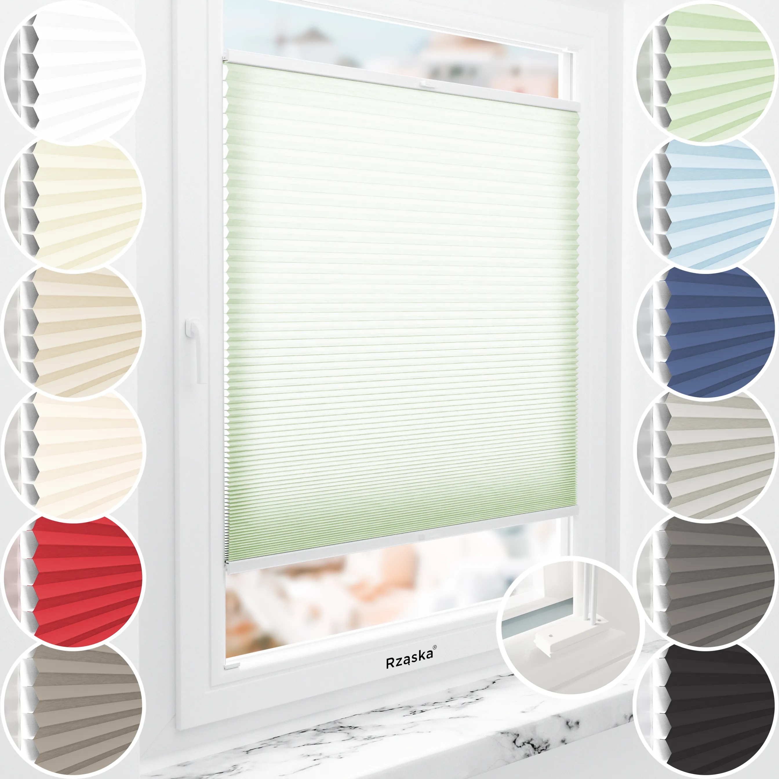 Rząska® inwazyjne plisy zaciemniające na wymiar • Thermo Honeycomb (Plaster Miodu): kolor tkaniny Matcha Latte, pastelowa zieleń • Kolor profili: orzech