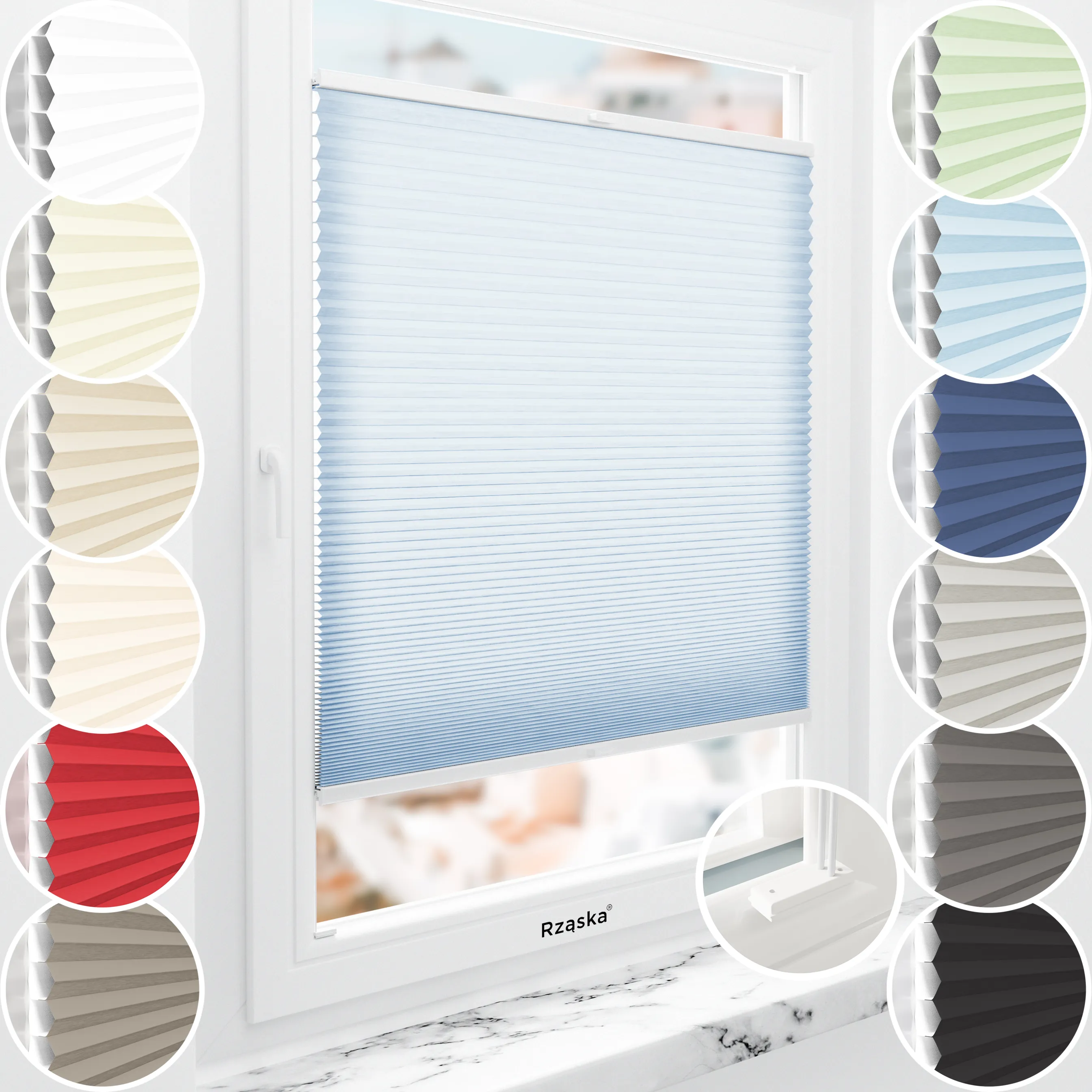 Rząska® inwazyjne plisy zaciemniające na wymiar • Thermo Honeycomb (Plaster Miodu): kolor tkaniny Niebiański sorbet, jasnoniebieski • kolor profili antracyt