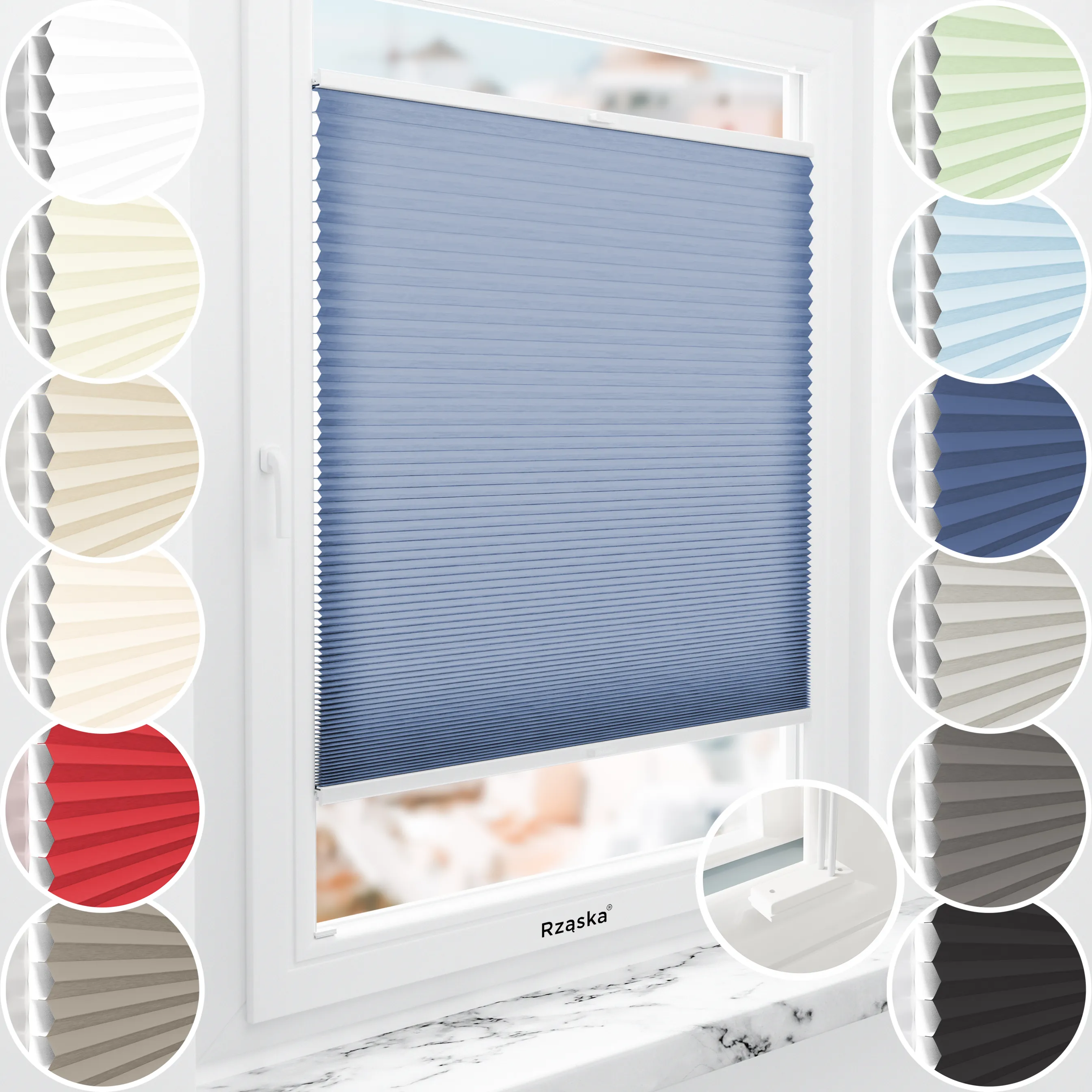 Rząska® inwazyjne plisy zaciemniające na wymiar • Thermo Honeycomb (Plaster Miodu): kolor tkaniny Borówkowy Blues, ciemnoniebieski • kolor profili biały