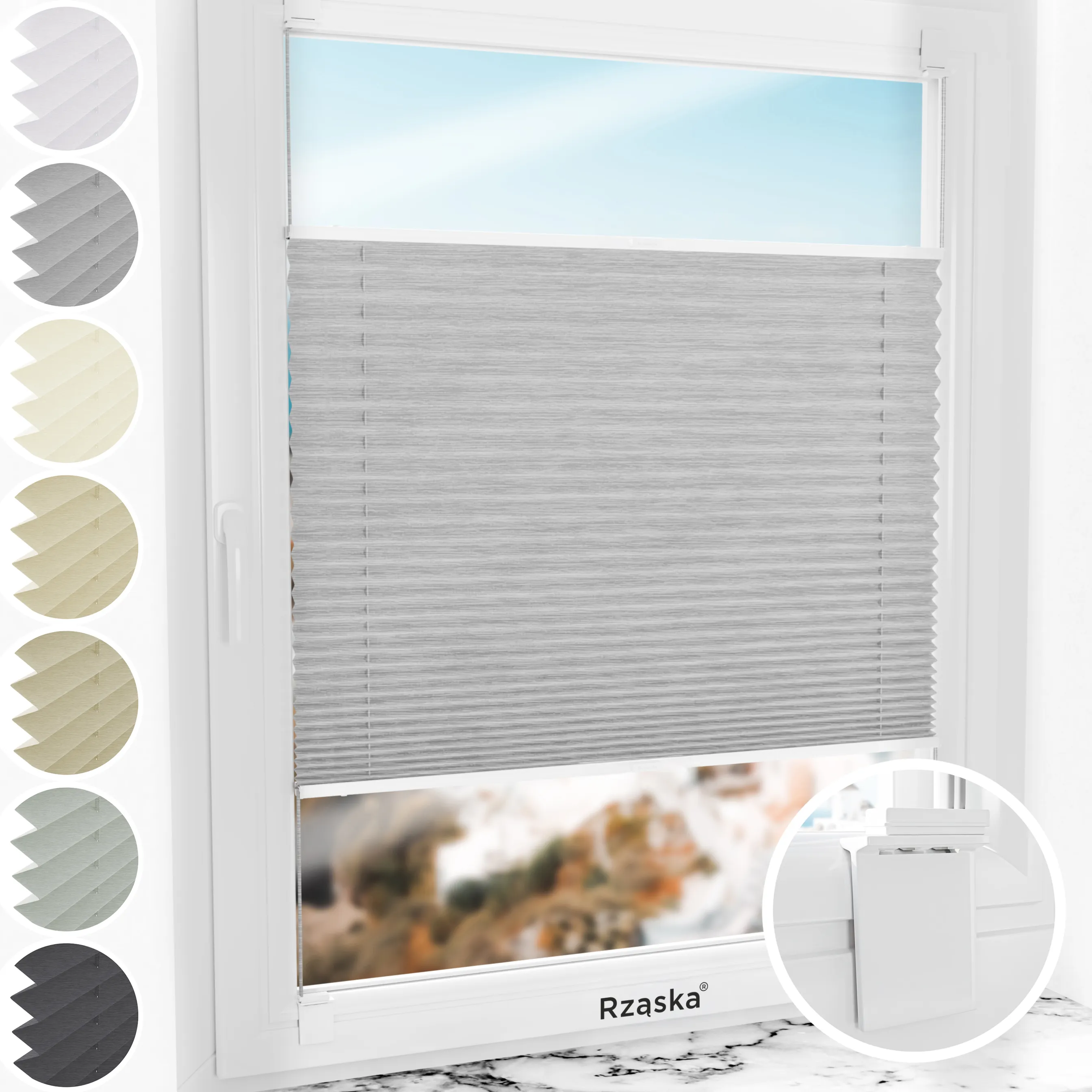 Bezinwazyjne rolety plisowane Rząska® na wymiar, uchwyty Risinfix do klejenia, kolekcja Dolomite w kolorze Szary sztorm, szarym z profilem białym.