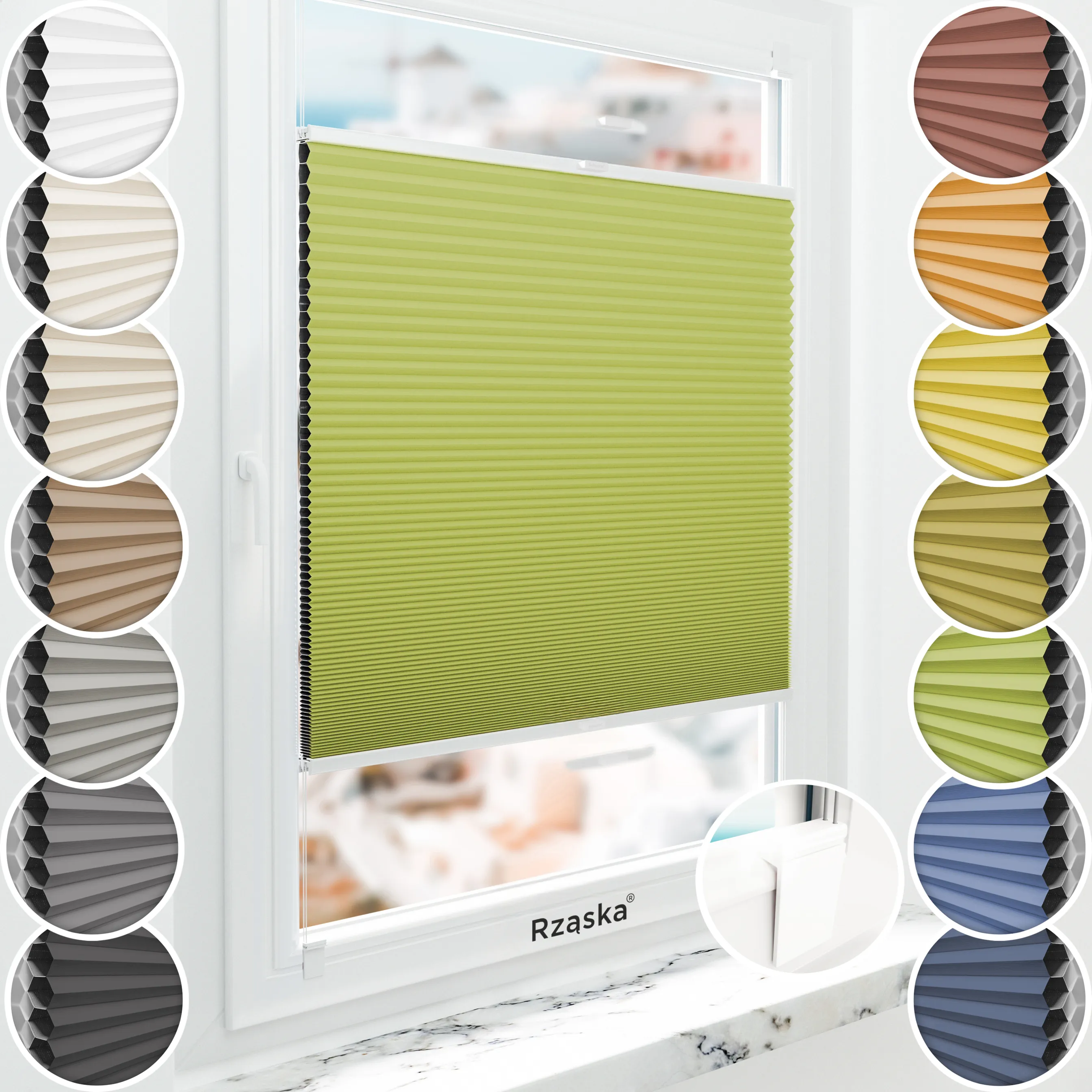 Bezinwazyjna roleta termoizolacyjna Rząska® na wymiar o strukturze plastra miodu kolekcja Honeycomb w kolorze Zielona herbata, zielonym z profilem białym.