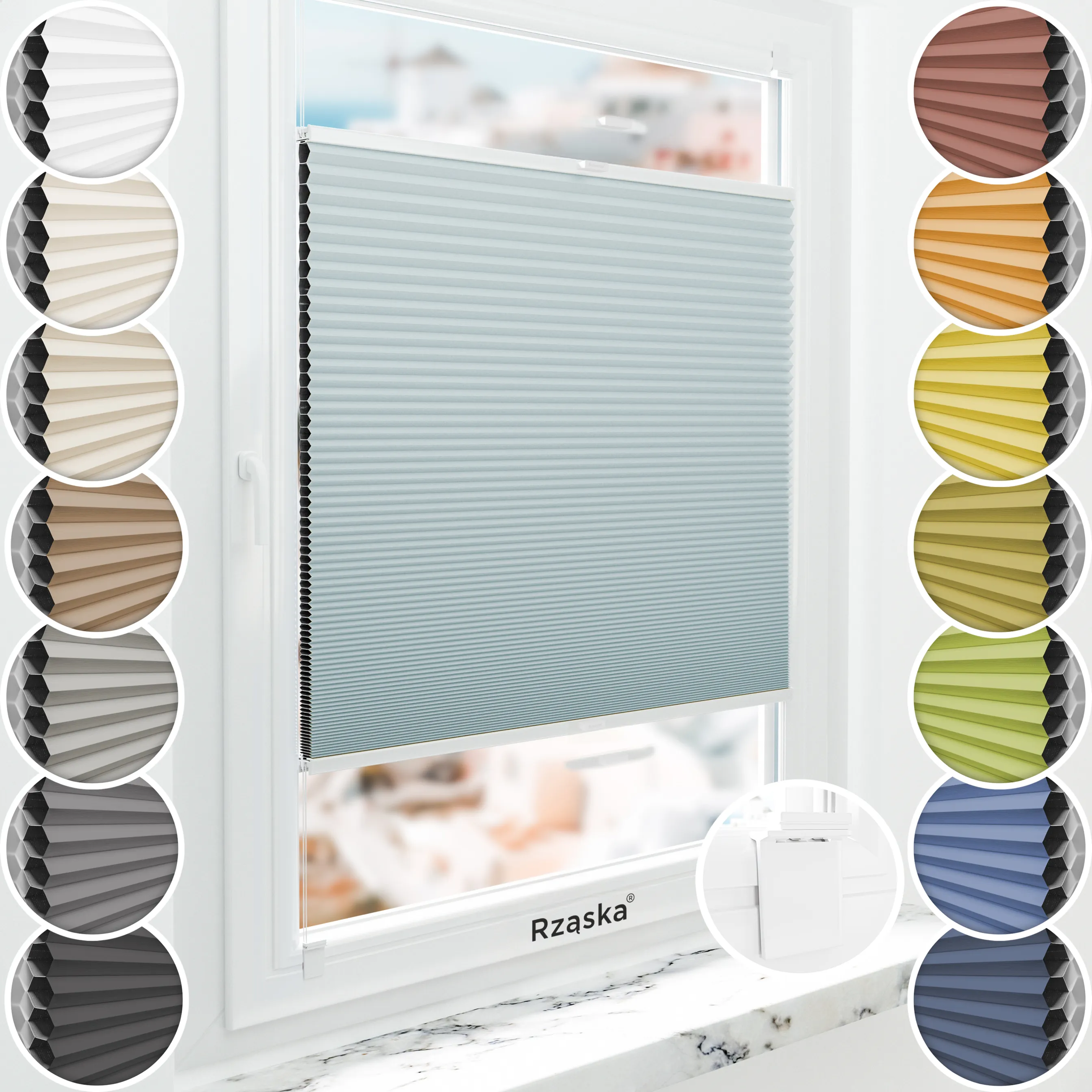 Bezinwazyjna roleta termoizolacyjna Rząska® na wymiar o strukturze plastra miodu kolekcja Honeycomb w kolorze Siódme niebo, pastolowy błękit z profilem białym.