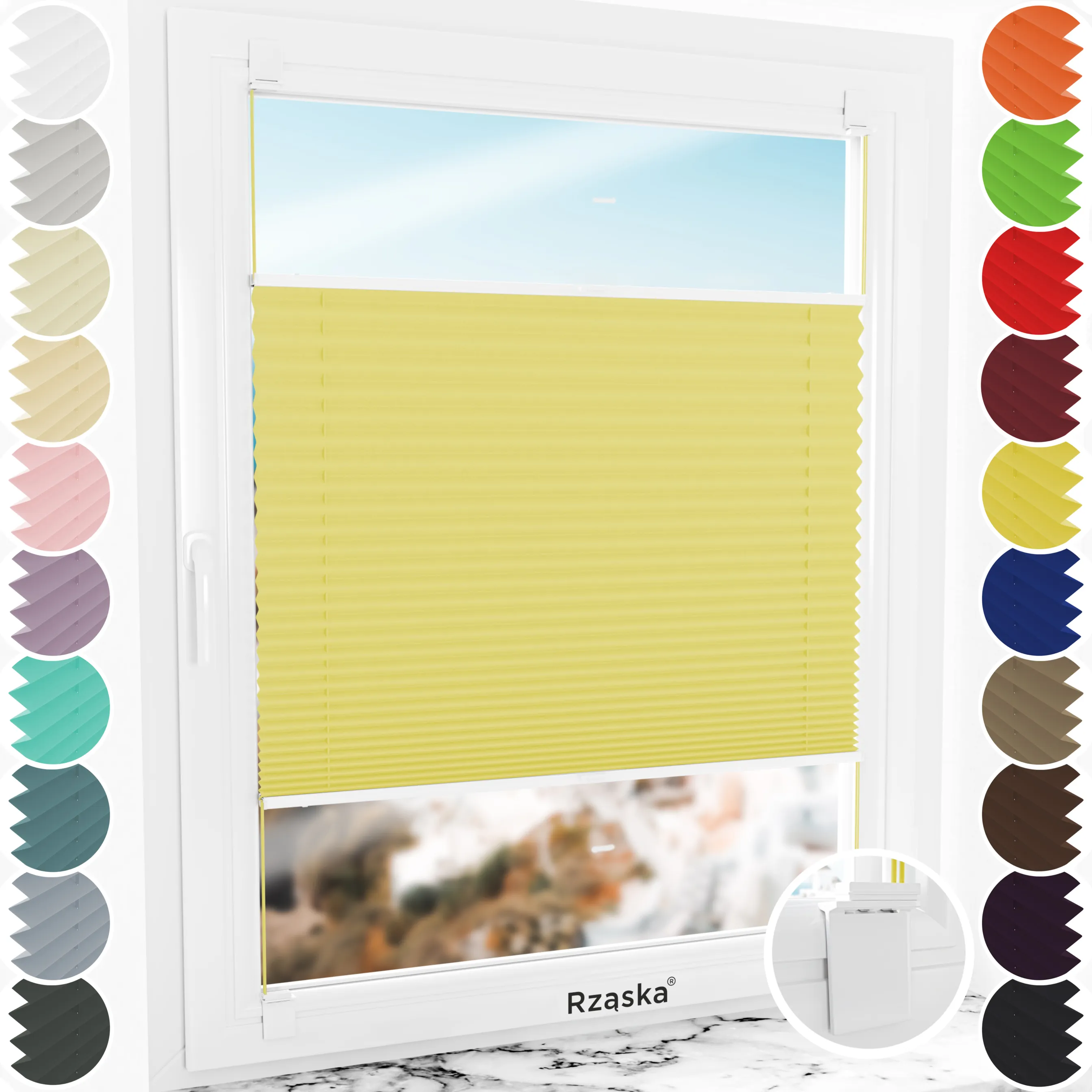 Bezinwazyjne rolety plisowane Rząska® na wymiar, uchwyty Risinfix do klejenia, kolekcja Premium w kolorze Wakacyjny czas ,zółtym z profilem białym.