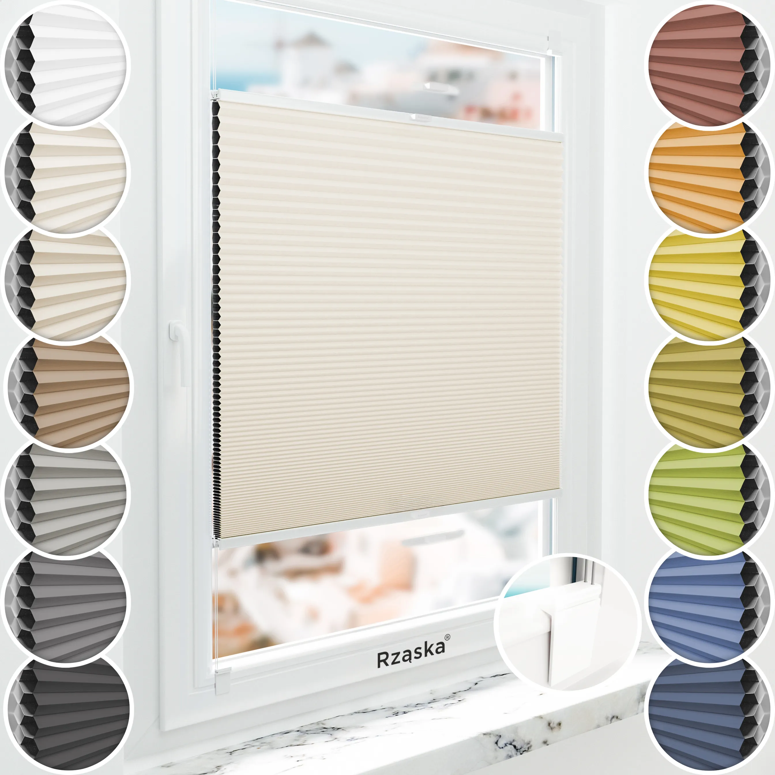 Bezinwazyjna roleta termoizolacyjna Rząska® na wymiar o strukturze plastra miodu kolekcja Honeycomb w kolorze Spokojne wybrzeże, beżowym z profilem dębowym.