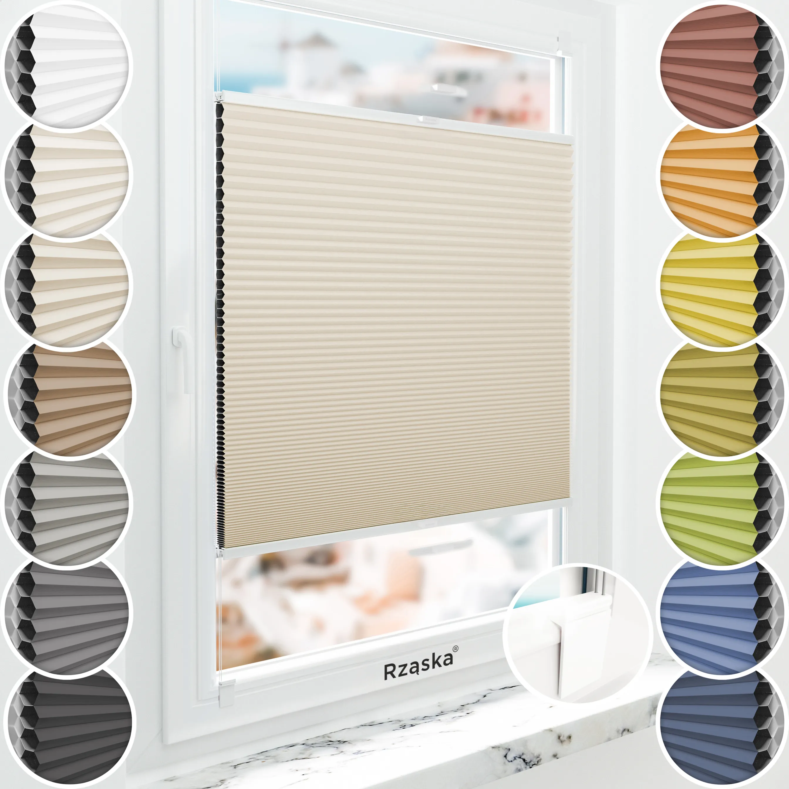 Bezinwazyjna roleta termoizolacyjna Rząska® na wymiar o strukturze plastra miodu kolekcja Honeycomb w kolorze Wydma, beżowym z profilem brązowym.