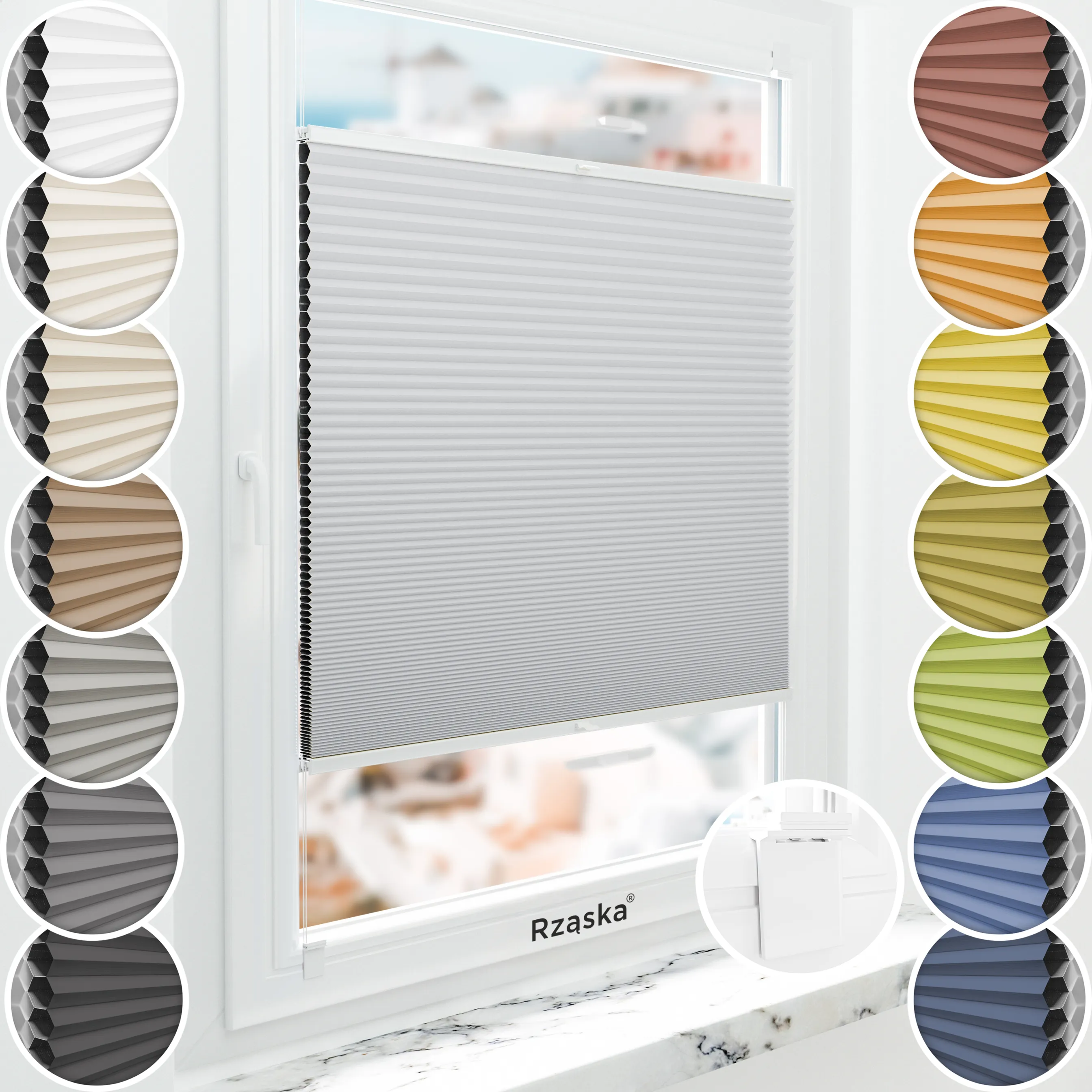 Bezinwazyjna roleta termoizolacyjna Rząska® na wymiar o strukturze plastra miodu kolekcja Honeycomb w kolorze Szept Poranka, jasnoszarym z profilem brązowym.