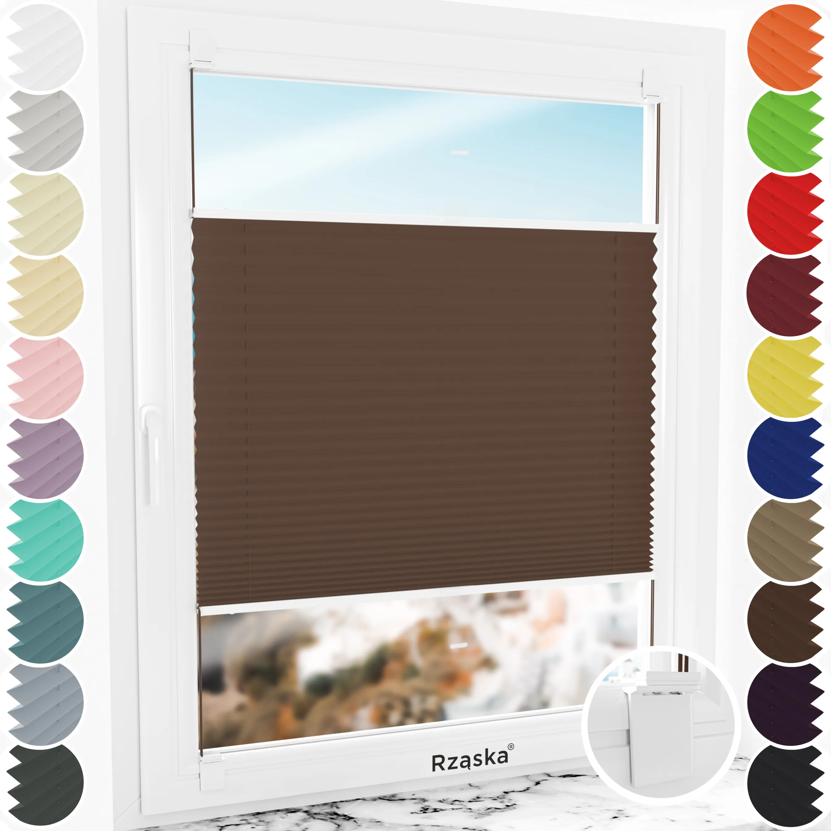 Bezinwazyjne rolety plisowane Rząska® na wymiar, uchwyty Risinfix do klejenia, kolekcja Premium w kolorze Gorąca czekolada, ciemnego brązu z profilem brązowym.