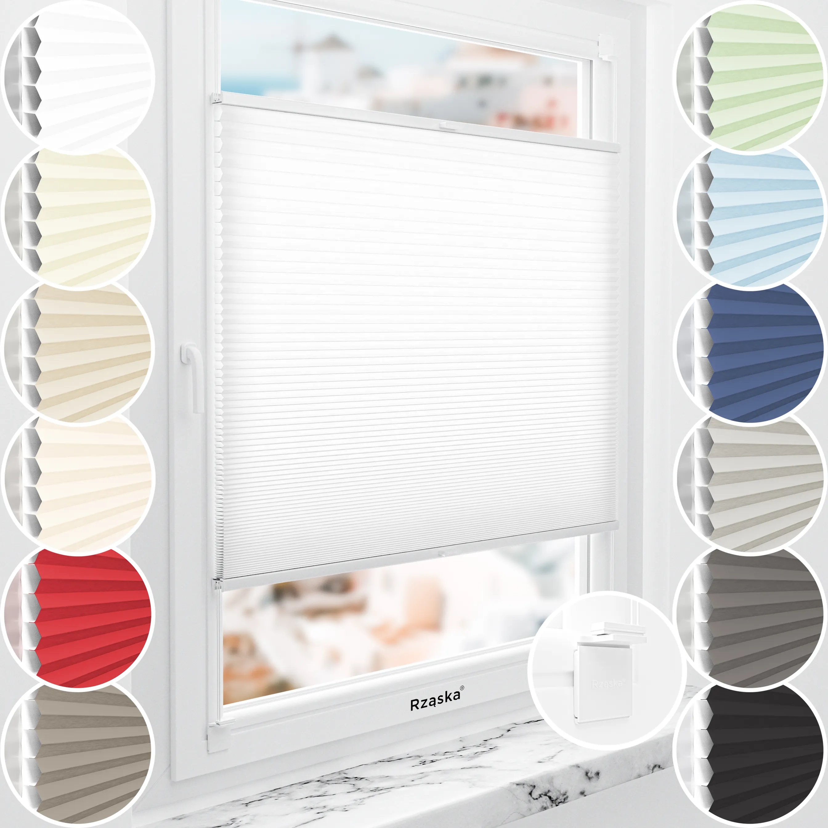 Rząska® bezinwazyjna roleta termoizolacyjna na wymiar • Thermo Honeycomb (Plaster Miodu): kolor tkaniny Kokosowy Mus, biały • Risinfix do klejenia 2w1 • kolor profili dąb