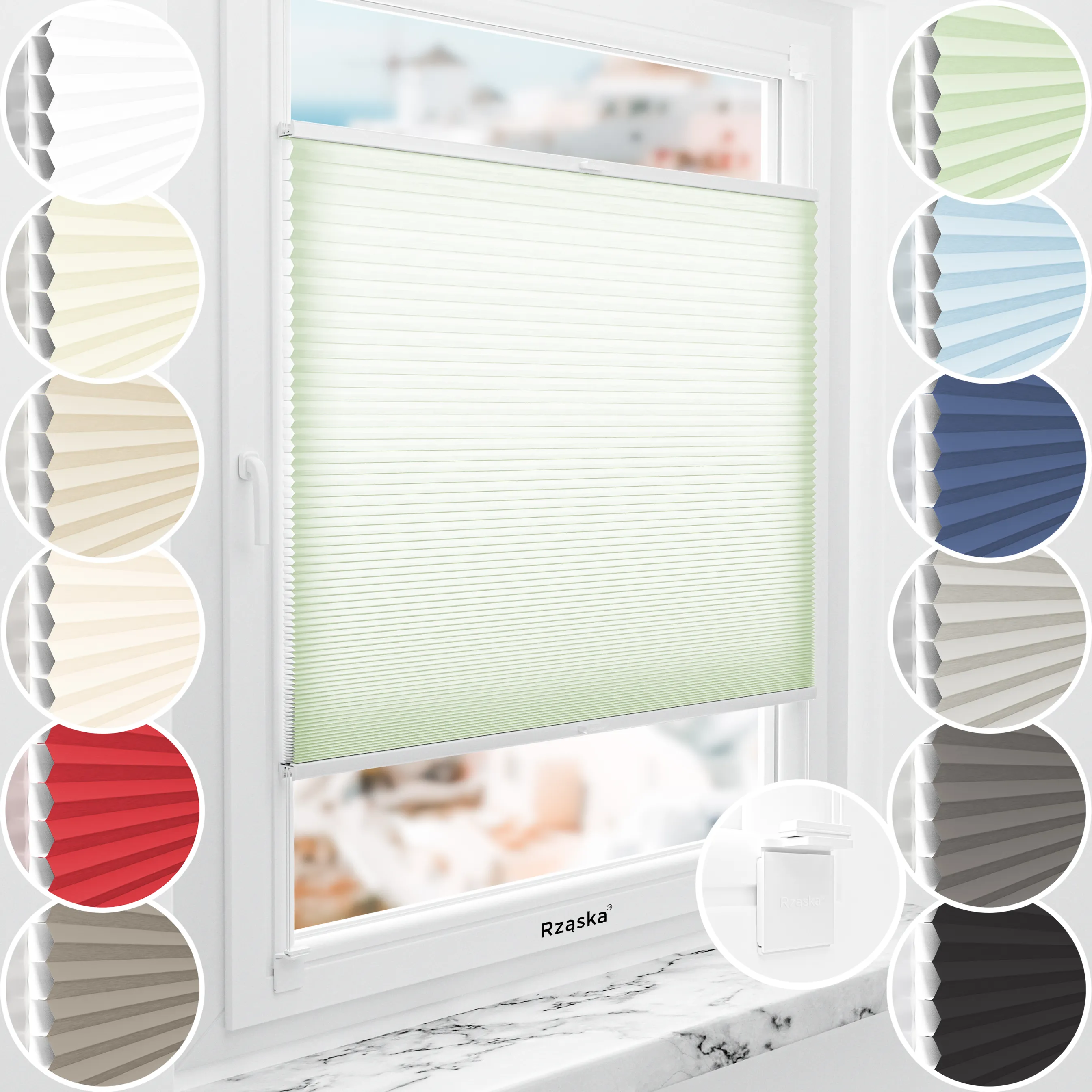 Rząska® bezinwazyjna roleta termoizolacyjna na wymiar • Thermo Honeycomb (Plaster Miodu): kolor tkaniny Matcha Latte, pastelowa zieleń • Risinfix do klejenia 2w1 • Kolor profili: orzech