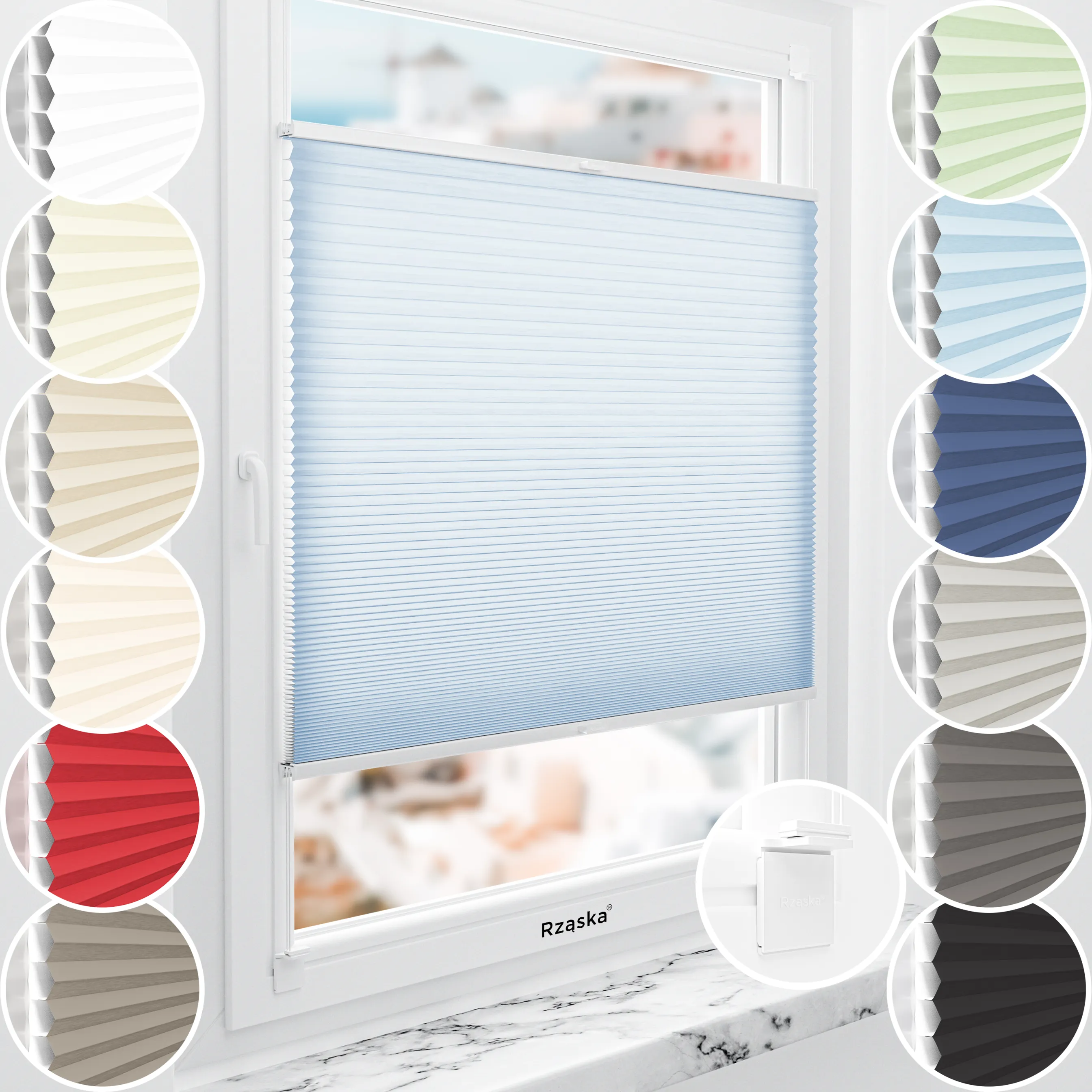 Rząska® bezinwazyjna roleta termoizolacyjna na wymiar • Thermo Honeycomb (Plaster Miodu): kolor tkaniny Niebiański sorbet, jasnoniebieski • Risinfix do klejenia 2w1 • kolor profili biały