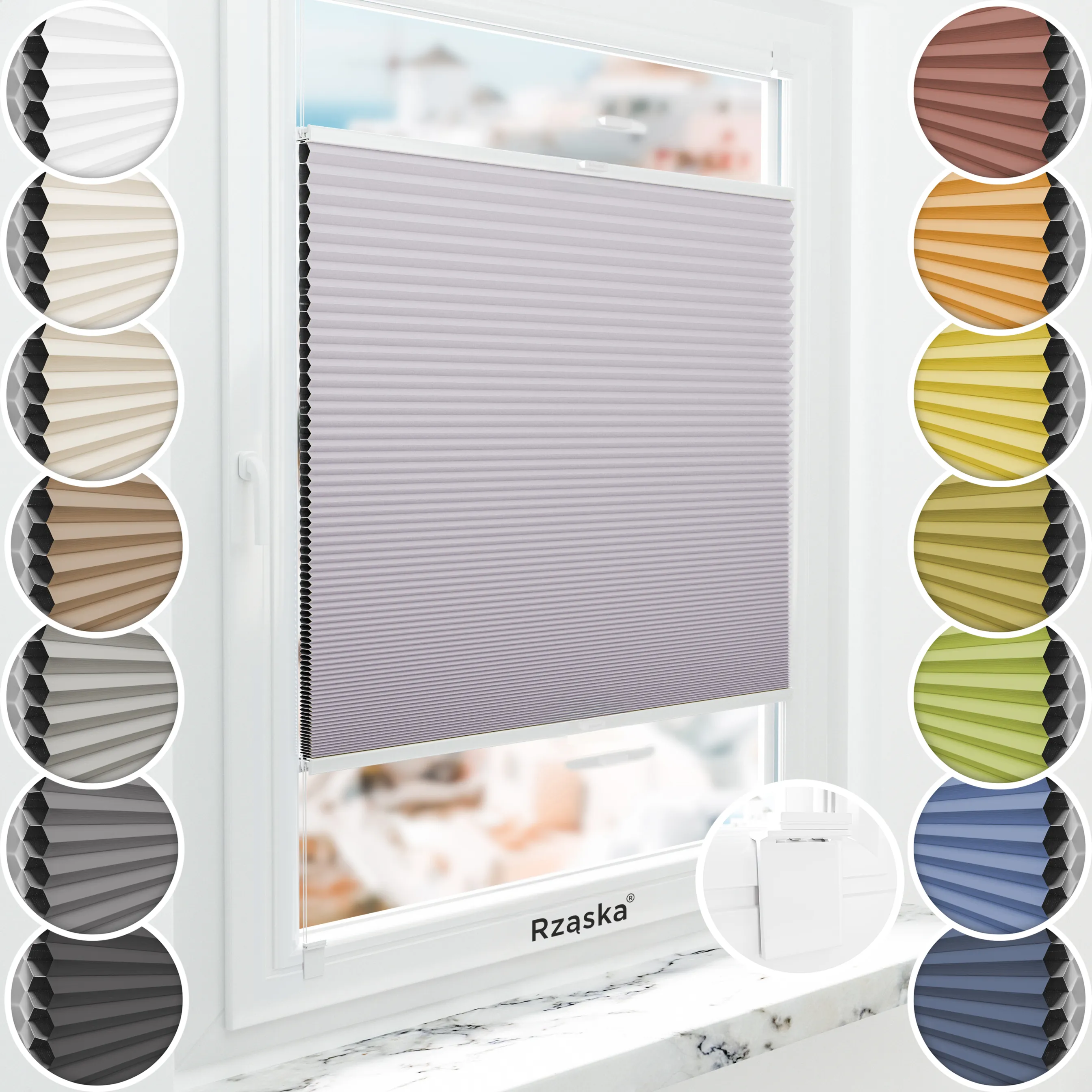 Bezinwazyjna roleta termoizolacyjna Rząska® na wymiar o strukturze plastra miodu kolekcja Honeycomb w kolorze Japońska Wiśnia, pastelowy fiolet z profilem białym.