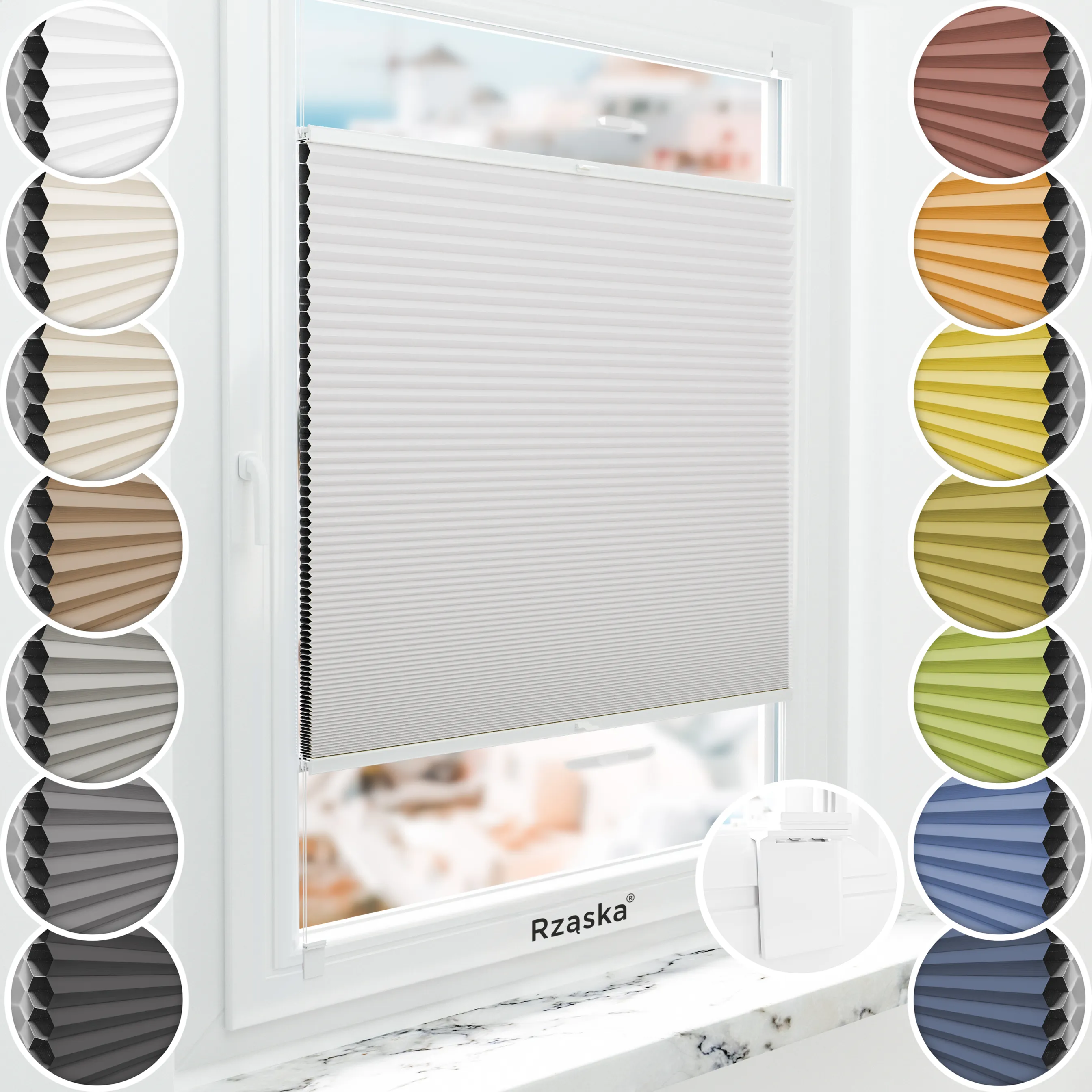 Bezinwazyjna roleta termoizolacyjna Rząska® na wymiar o strukturze plastra miodu kolekcja Honeycomb w kolorze Szary Dotyk, pastelowy szary z profilem antracytowym.