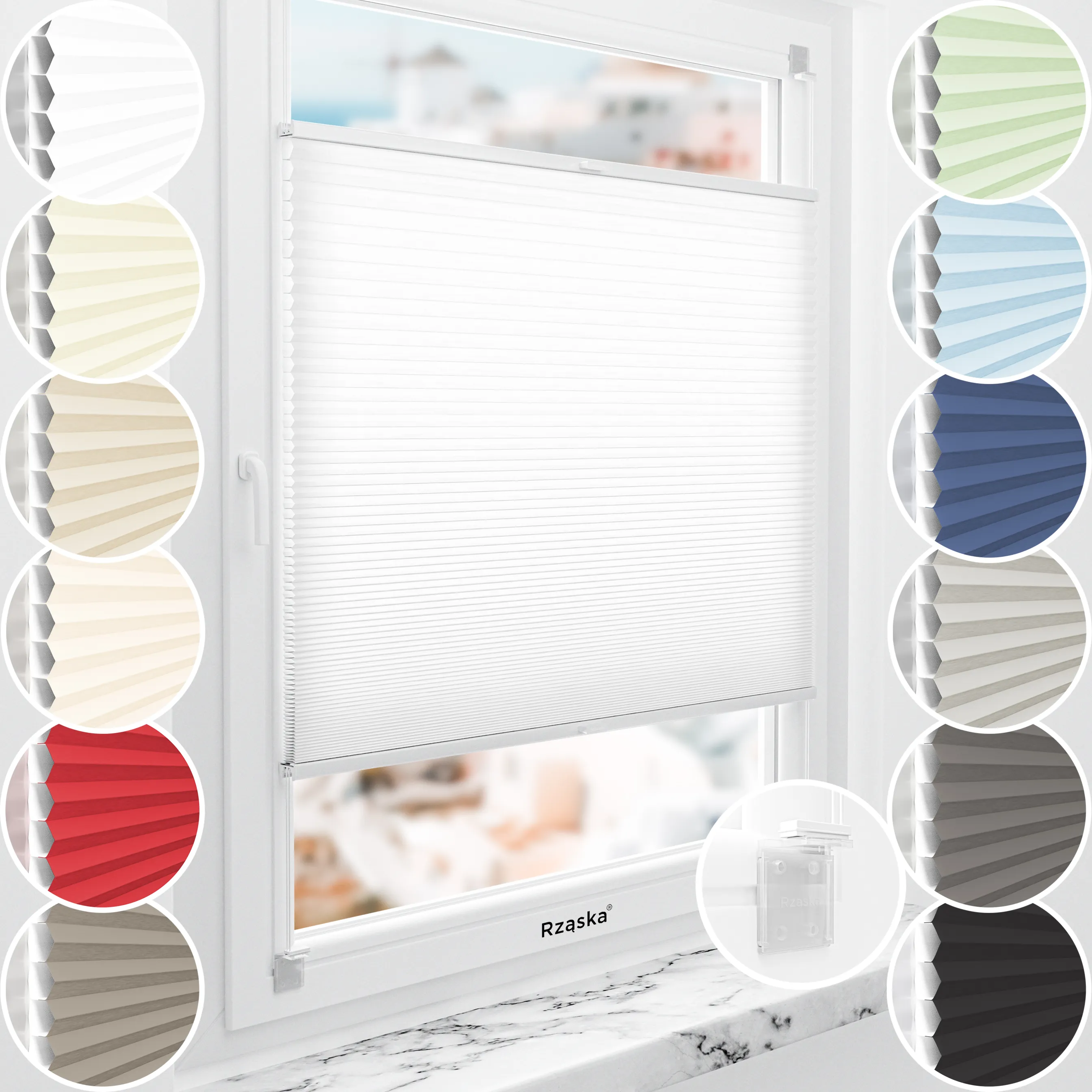 Rząska® bezinwazyjna roleta termoizolacyjna na wymiar • Thermo Honeycomb (Plaster Miodu): kolor tkaniny Kokosowy Mus, biały • Risinfix do klejenia 2w1 (transparent) • Kolor profili: orzech
