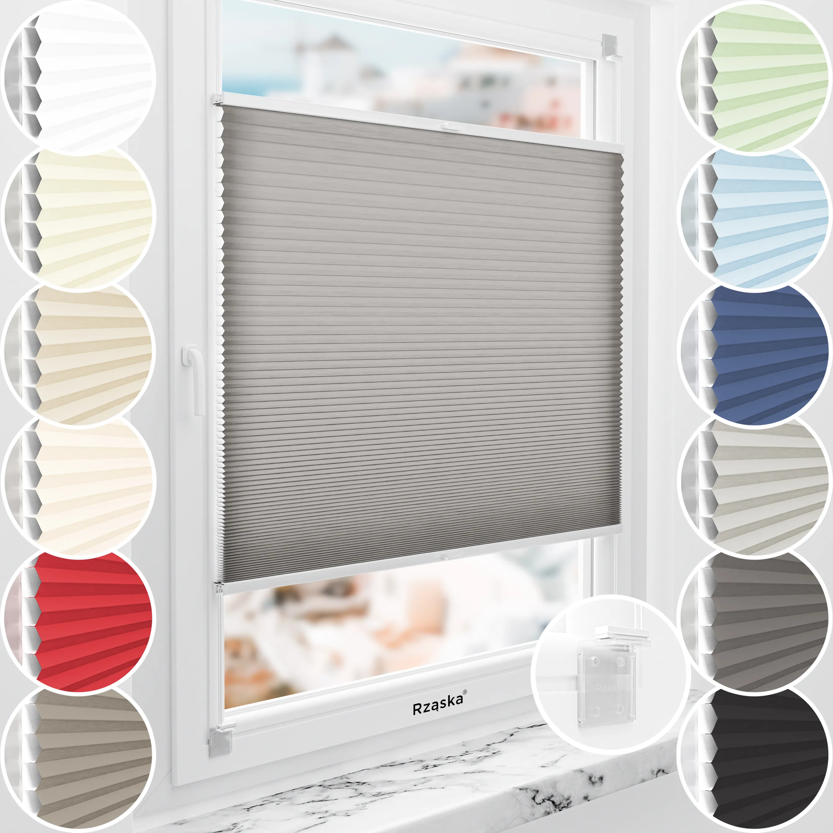 Rząska® bezinwazyjna roleta termoizolacyjna na wymiar • Thermo Honeycomb (Plaster Miodu): kolor tkaniny Makowy Pył, ciemnoszary • Risinfix do klejenia 2w1 (transparent) • Kolor profili: brązowy