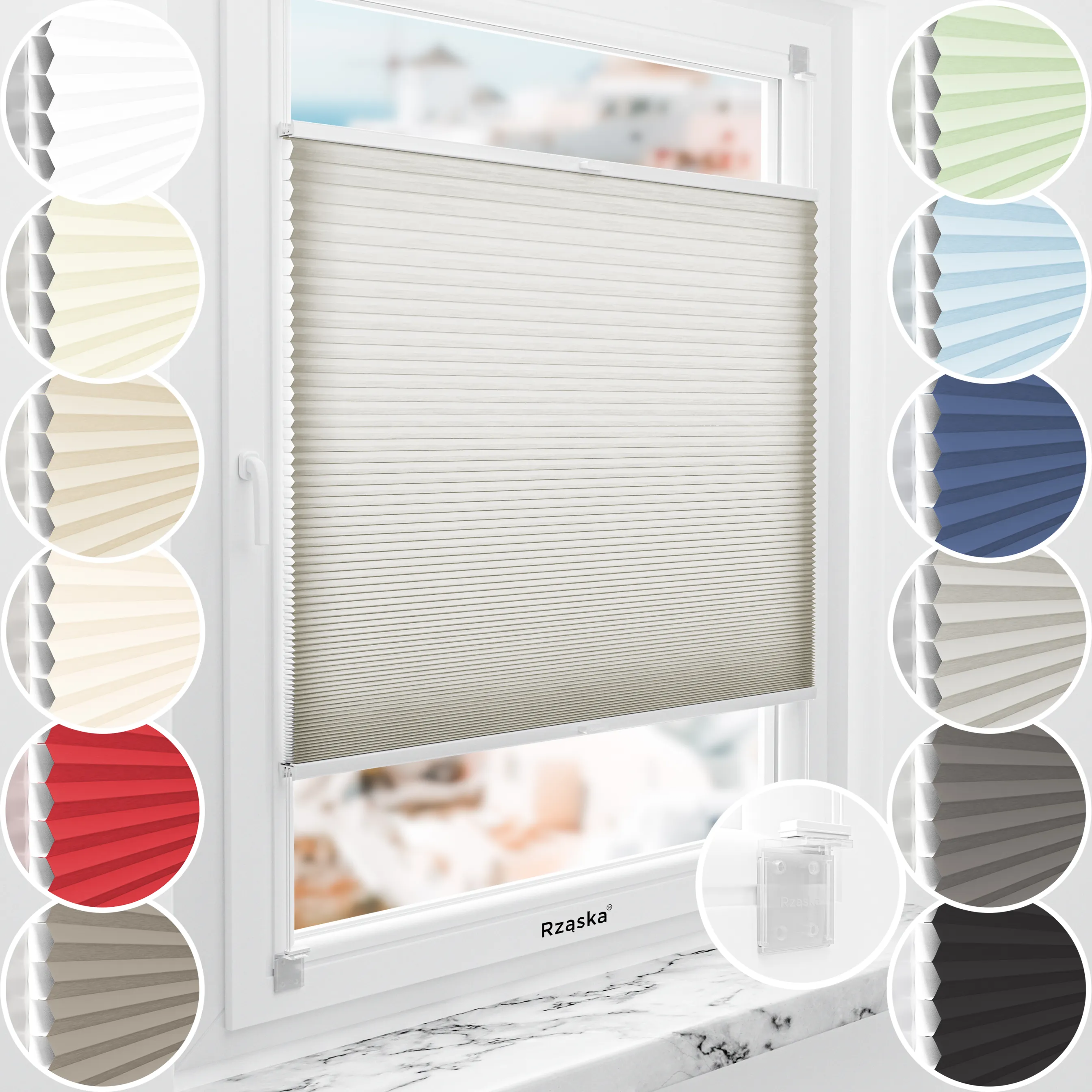 Rząska® bezinwazyjna roleta termoizolacyjna na wymiar • Thermo Honeycomb (Plaster Miodu): kolor tkaniny Chia Pudding, szary • Risinfix do klejenia 2w1 (transparent) • Kolor profili: orzech