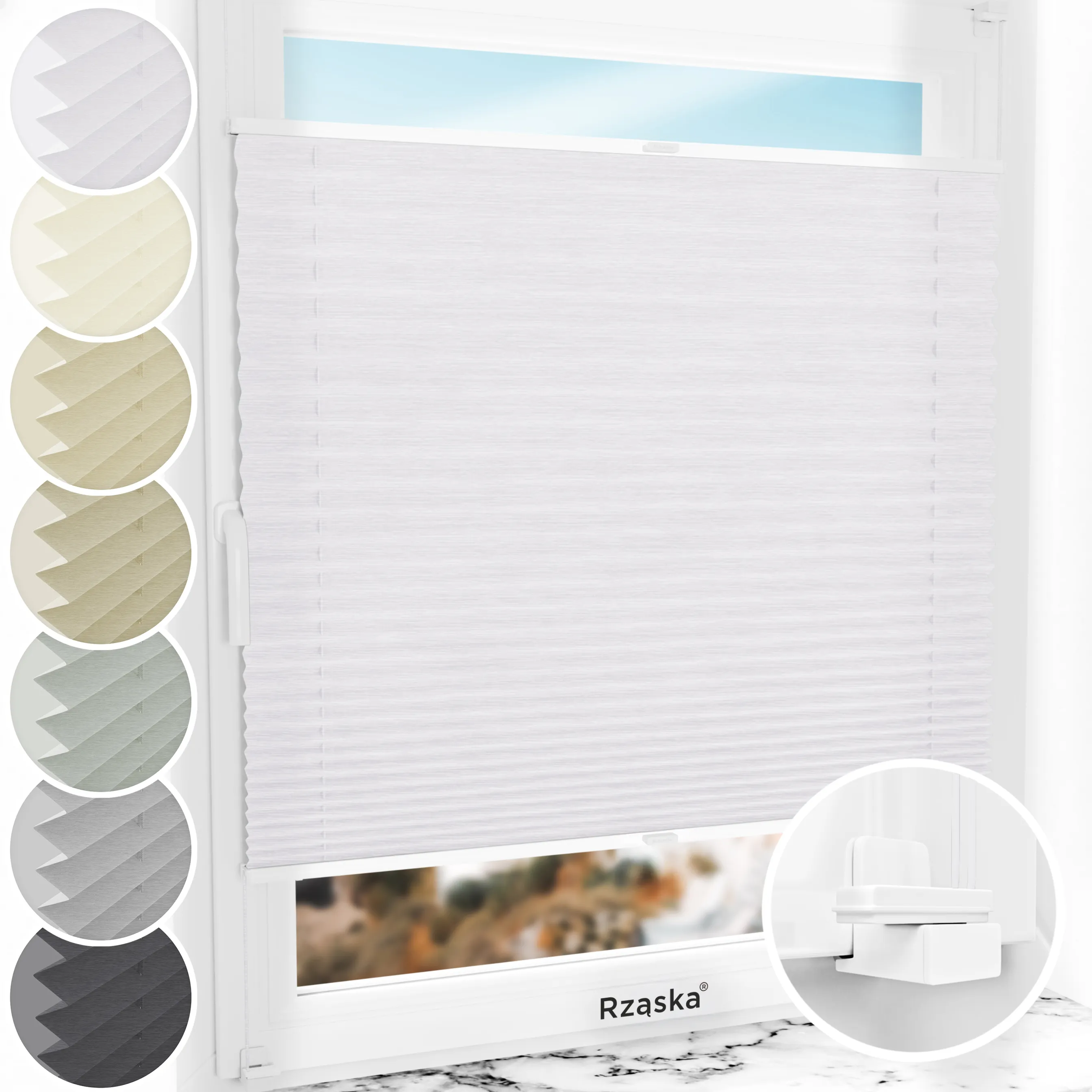 Bezinwazyjne rolety plisowane Rząska® na wymiar, uchwyty Risinfix do zaciskania na imbus, kolekcja Dolomite w kolorze Zimny poranek, szarym z profilem białym.