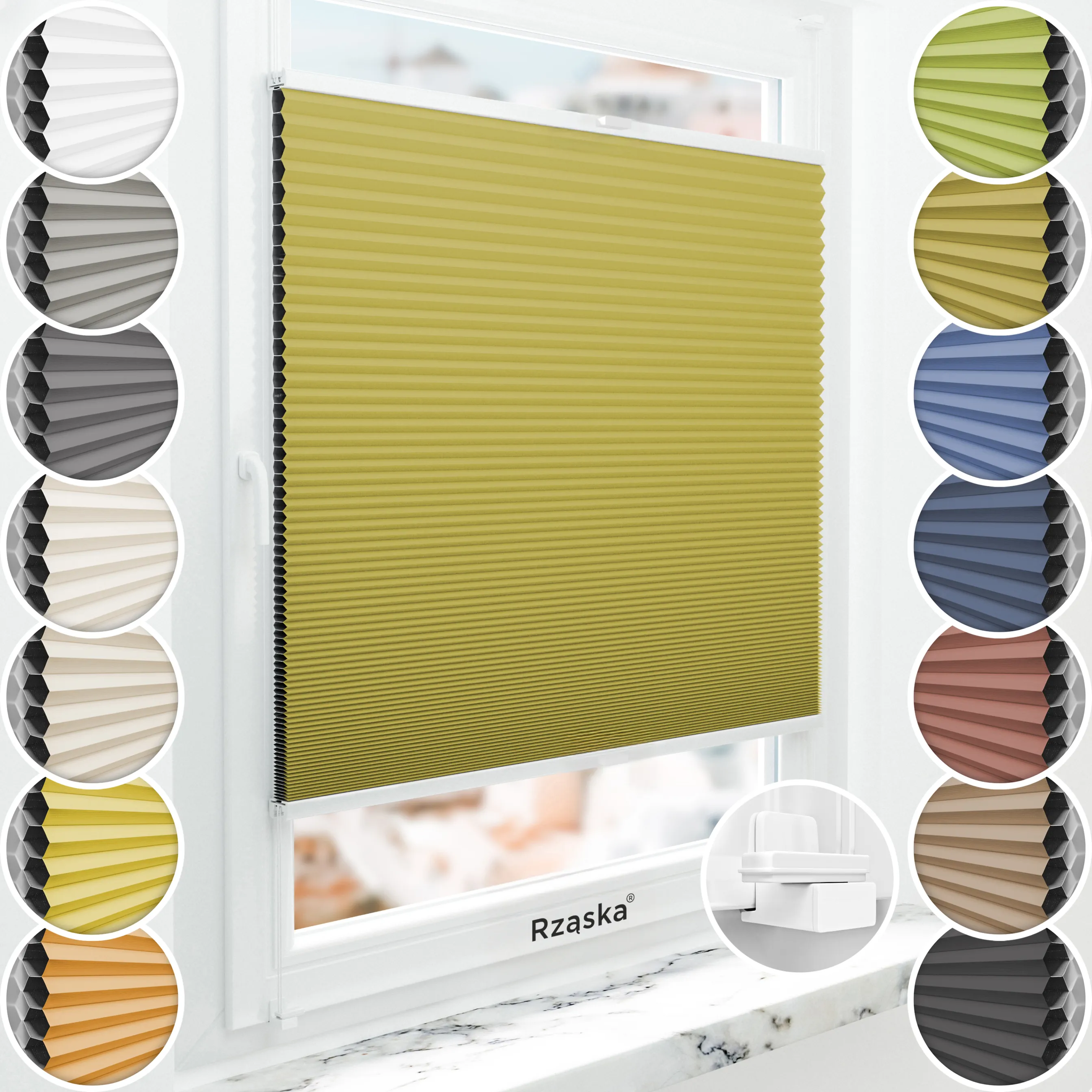 Bezinwazyjne plisy Blackout Rząska® na wymiar o strukturze plastra miodu kolekcja Honeycomb w kolorze Gałązka oliwna, żółtym z profilem białym.