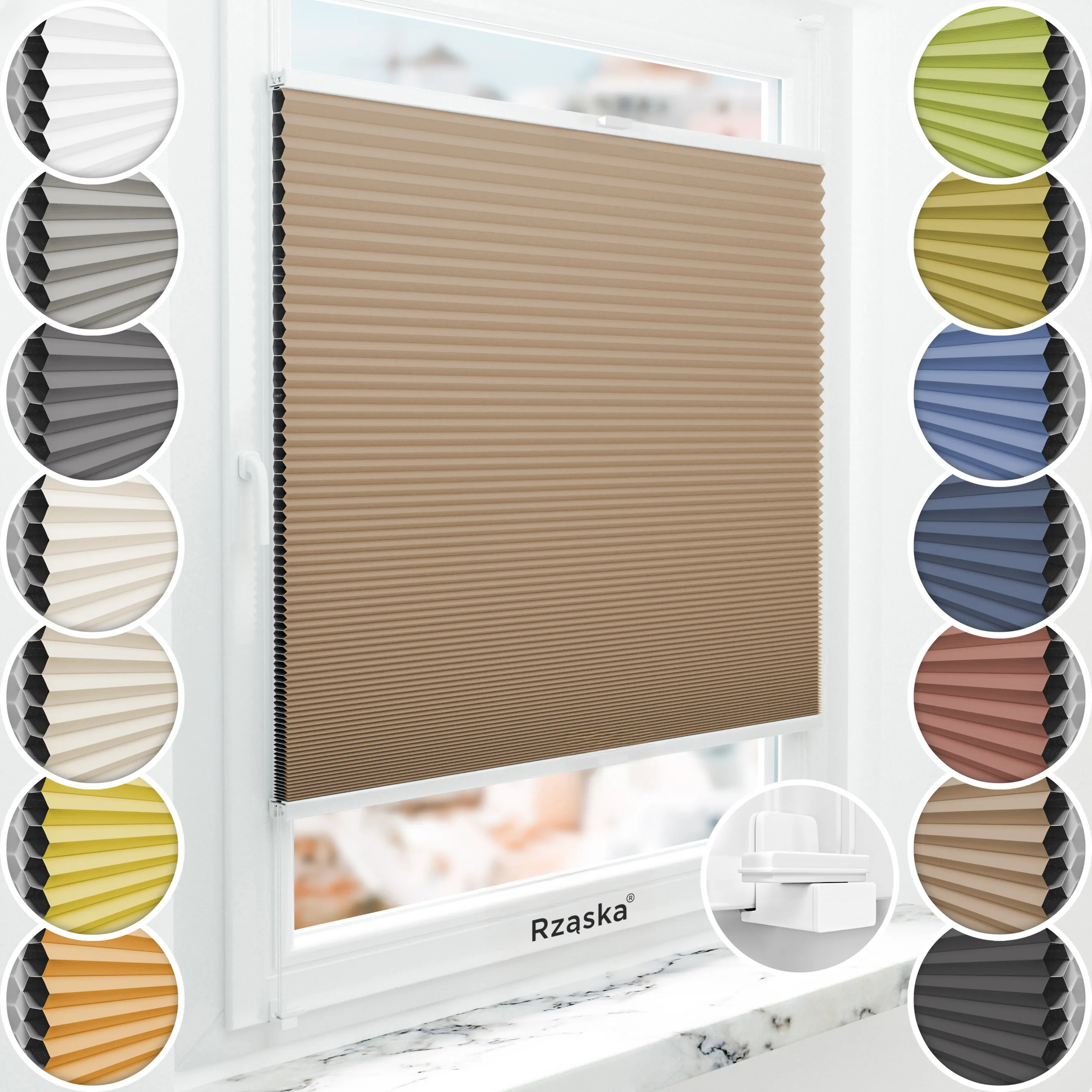 Bezinwazyjne plisy Blackout Rząska® na wymiar o strukturze plastra miodu kolekcja Honeycomb w kolorze Drewno klonowe, brązowym z profilem białym.