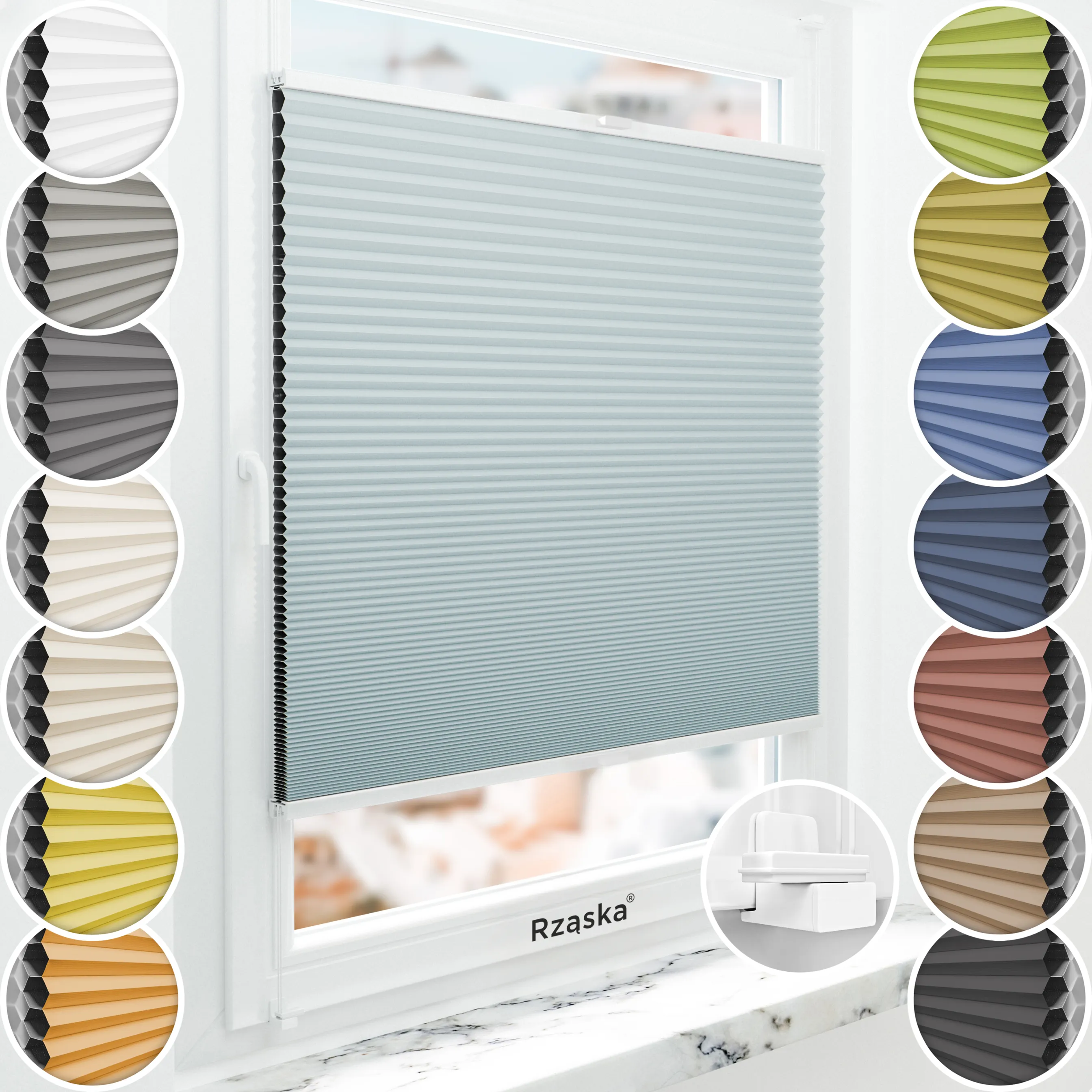 Bezinwazyjne plisy Blackout Rząska® na wymiar o strukturze plastra miodu kolekcja Honeycomb w kolorze Siódme niebo, pastolowy błękit z profilem białym.