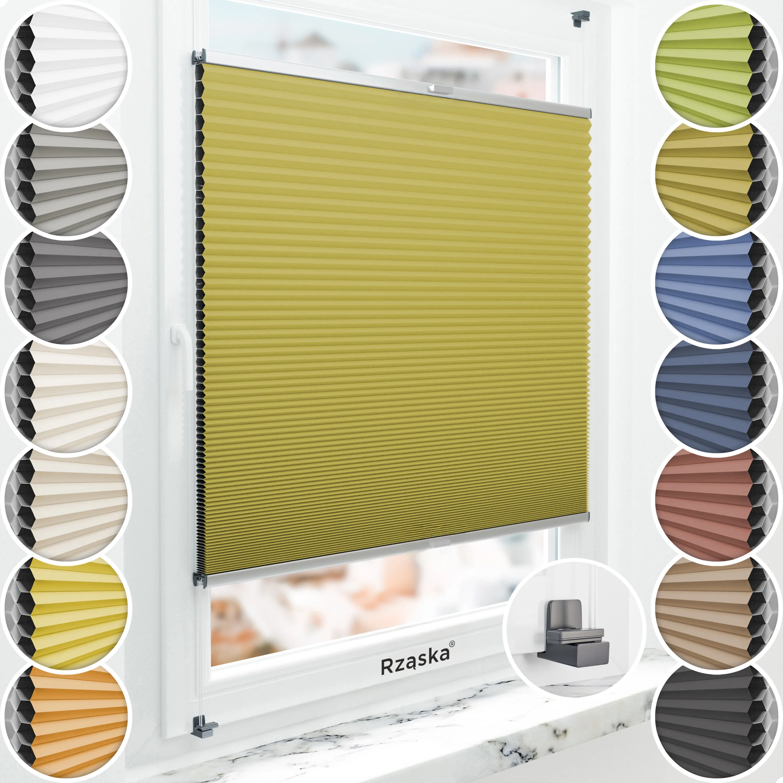 Bezinwazyjne plisy Blackout Rząska® na wymiar o strukturze plastra miodu kolekcja Honeycomb w kolorze Gałązka oliwna, żółtym z profilem srebrnym.