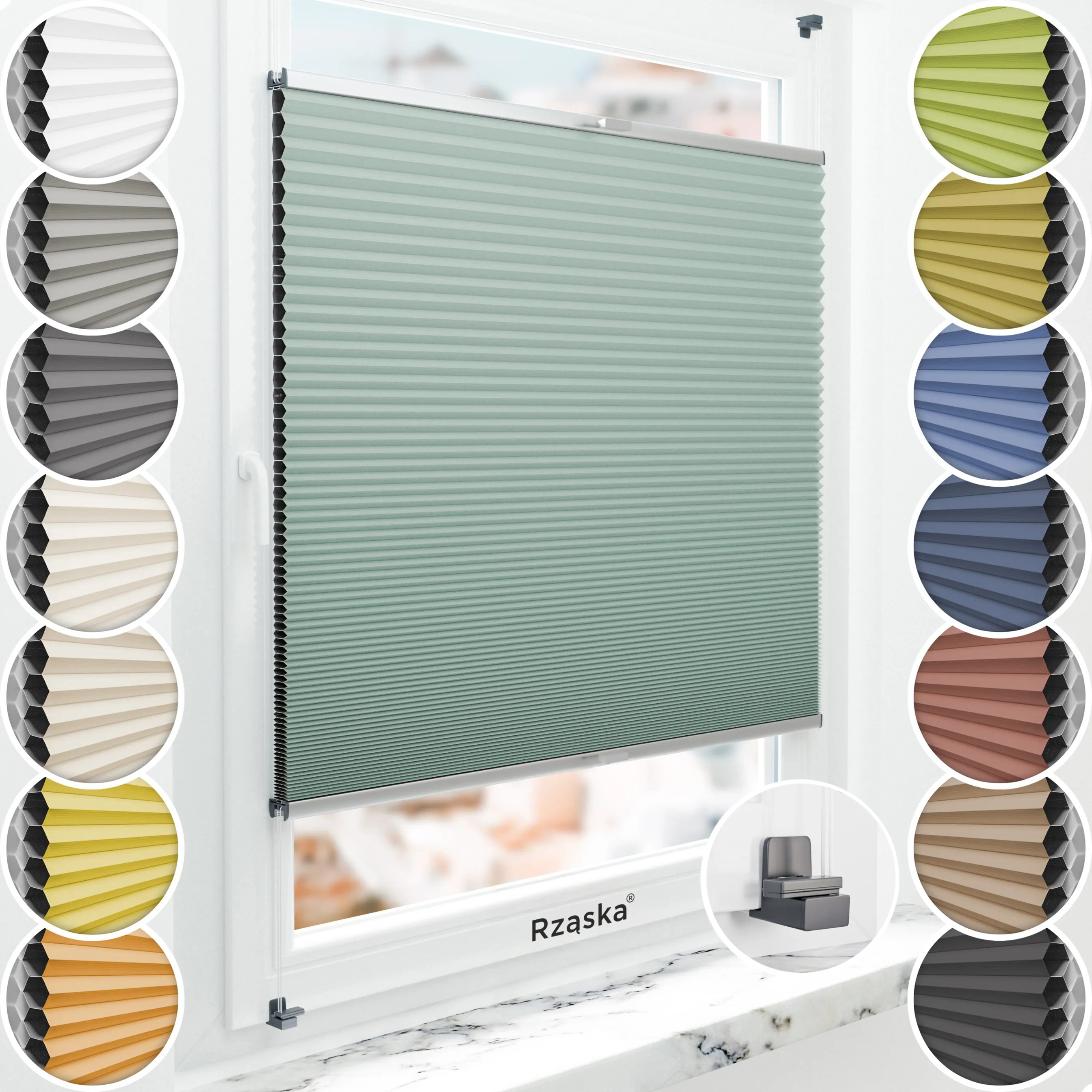 Bezinwazyjne plisy Blackout Rząska® na wymiar o strukturze plastra miodu kolekcja Honeycomb w kolorze Królestwo Oz, jasnozielonym z profilem srebrnym.