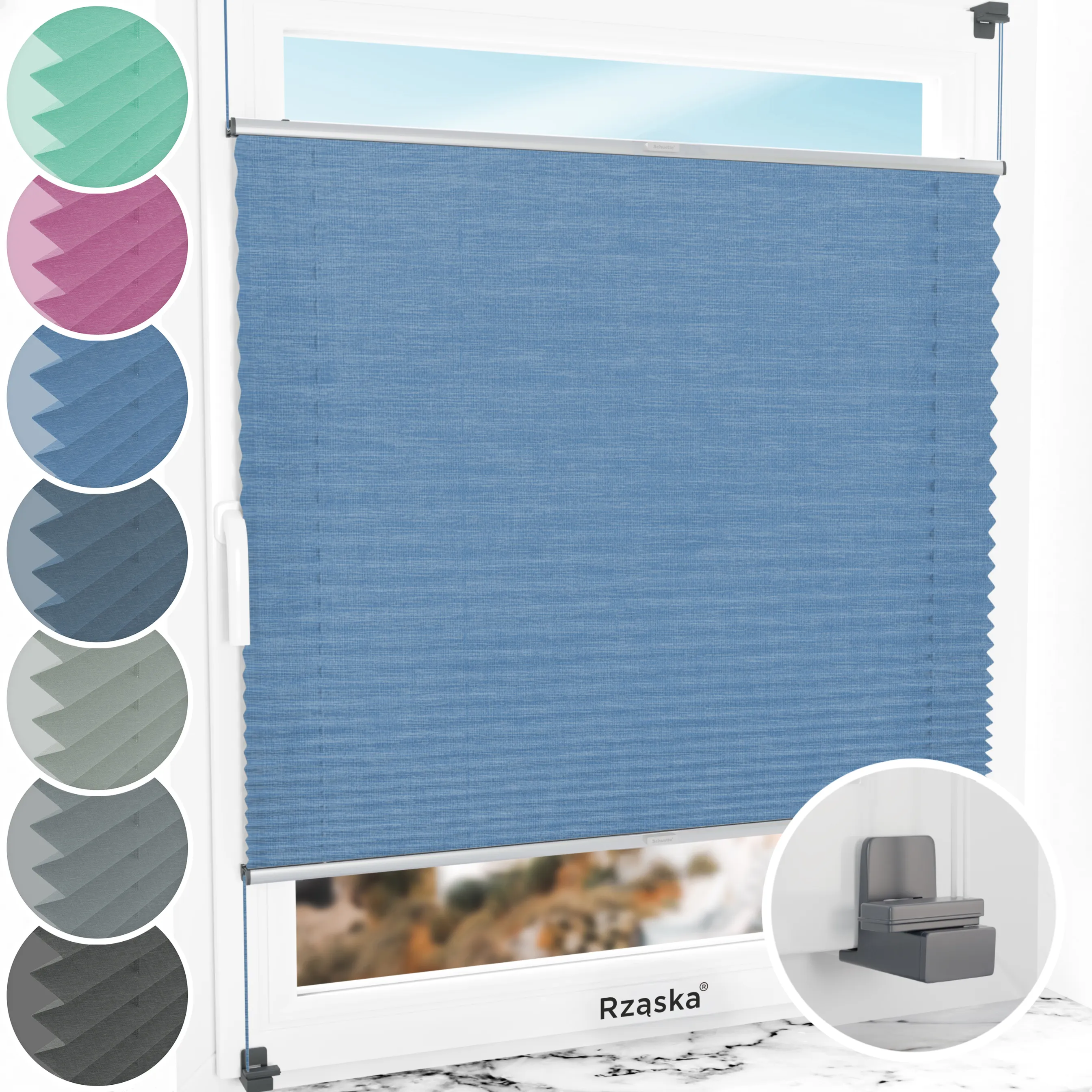 Bezinwazyjne plisy do okien Rząska® na wymiar, uchwyty Risinfix do zaciskania na imbus, kolekcja Melange w kolorze Głębokie morze, niebieskim z profilem srebrnym.