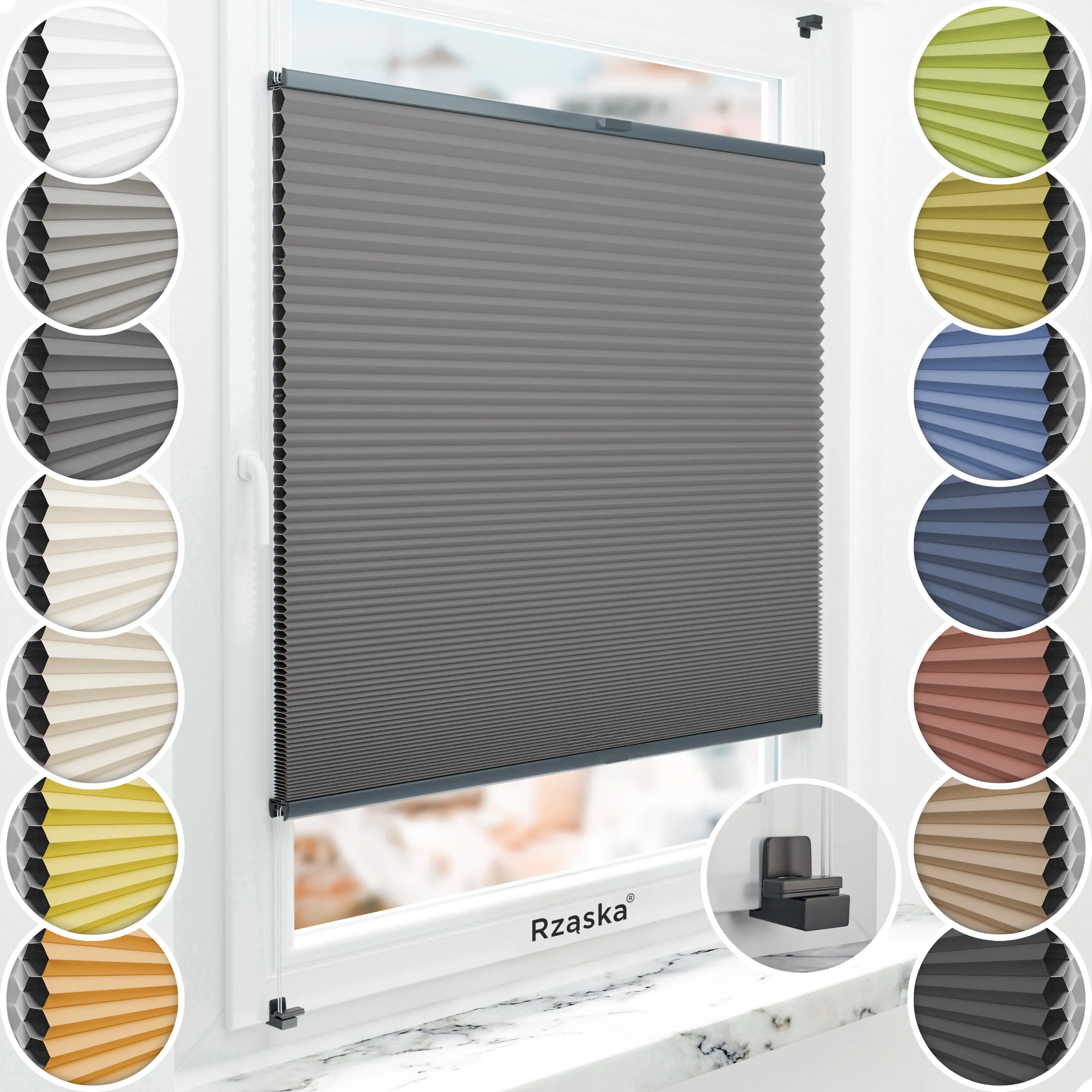 Bezinwazyjne plisy Blackout Rząska® na wymiar o strukturze plastra miodu kolekcja Honeycomb w kolorze Tango o zmierzchu, szarym z profilem antracytowym.