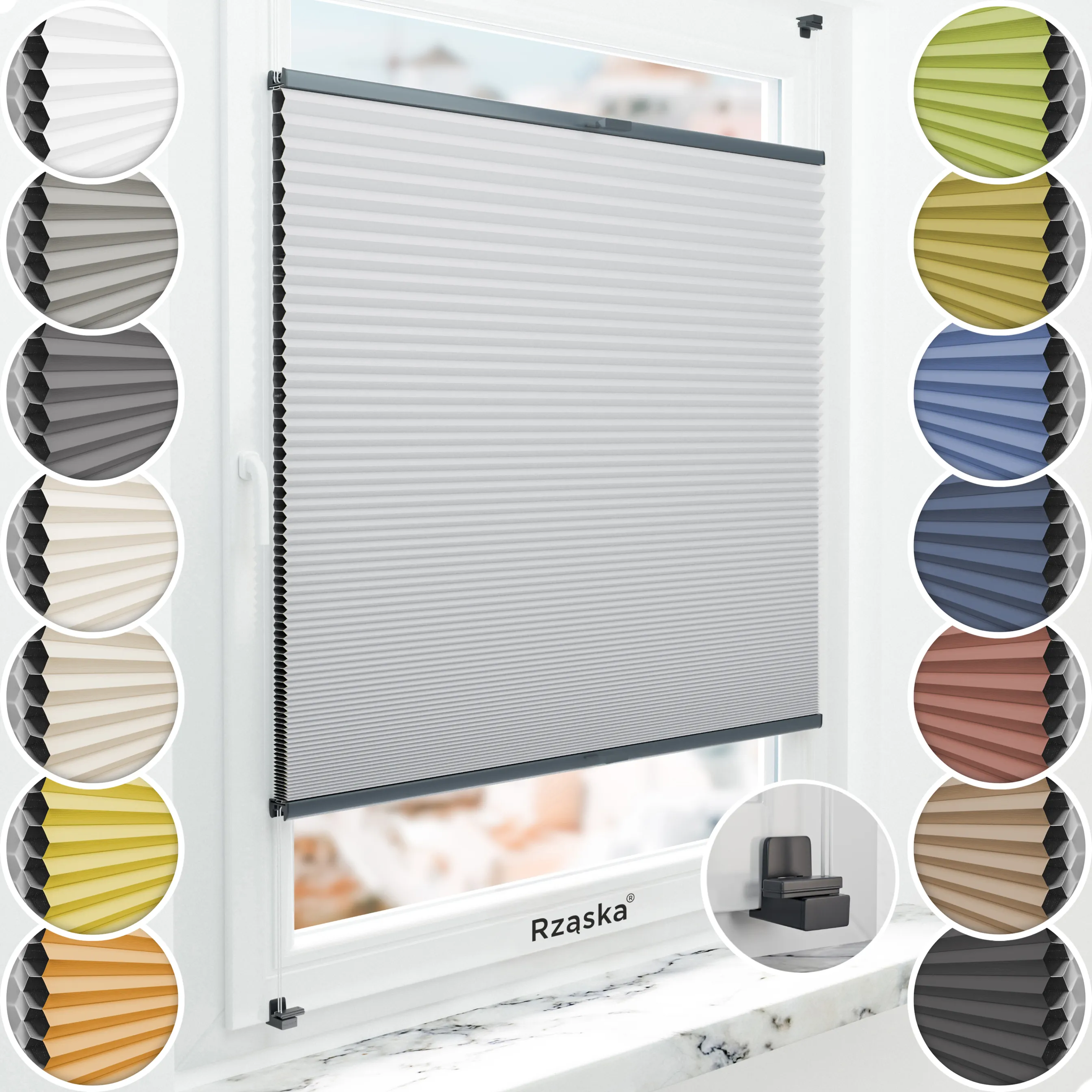 Bezinwazyjne plisy Blackout Rząska® na wymiar o strukturze plastra miodu kolekcja Honeycomb w kolorze Szept Poranka, jasnoszarym z profilem antracytowym.