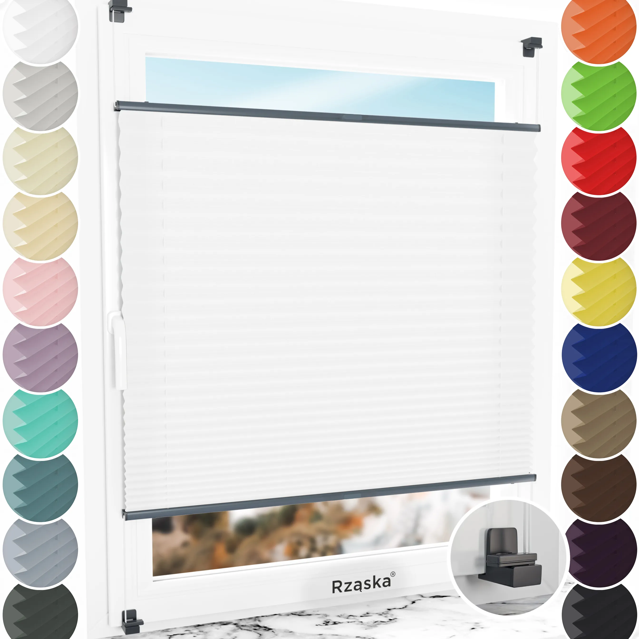 Bezinwazyjne plisy do okien Rząska® na wymiar, uchwyty Risinfix do zaciskania na imbus, kolekcja Premium w kolorze Białe święto, białym z profilem antracytowym.