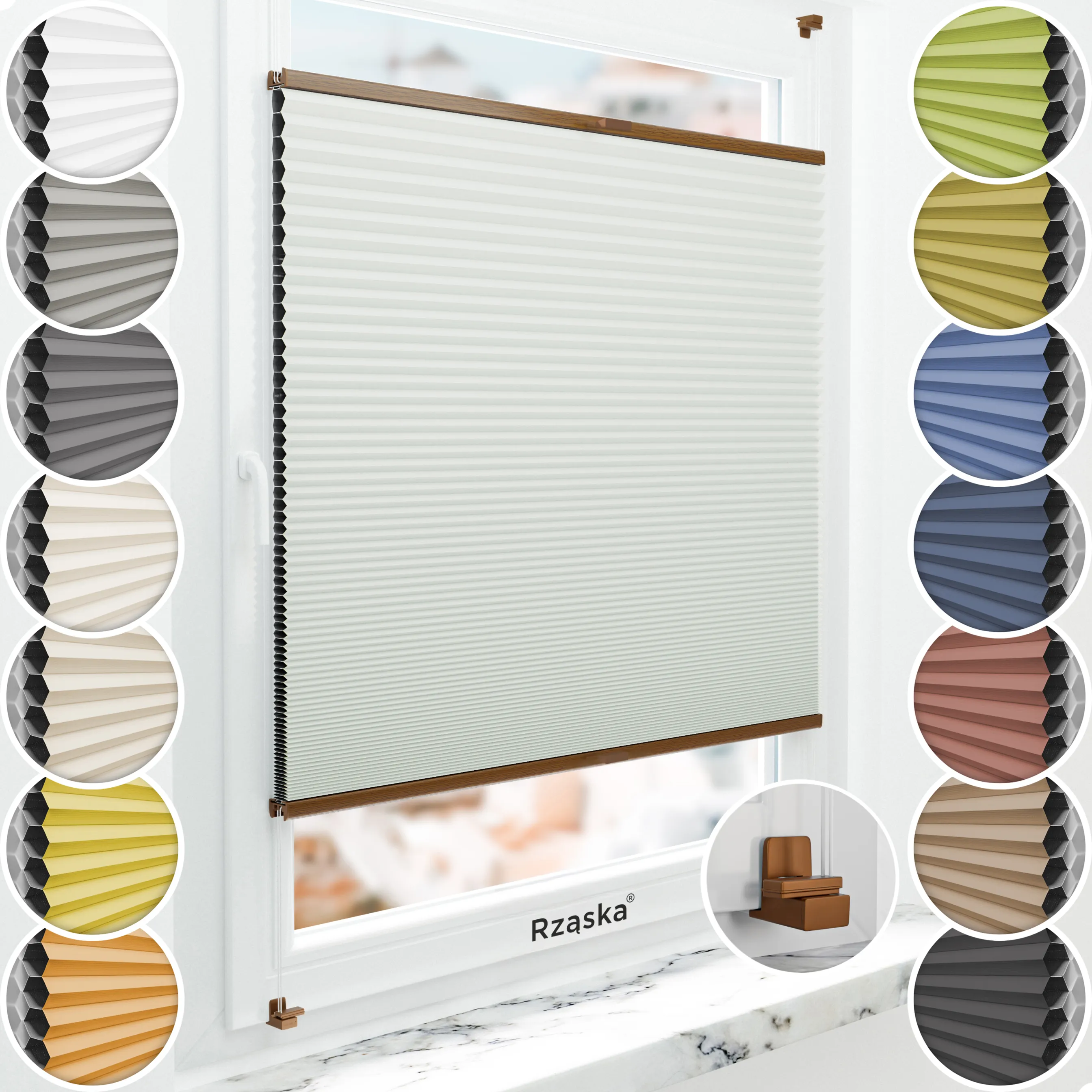 Bezinwazyjne plisy Blackout Rząska® na wymiar o strukturze plastra miodu kolekcja Honeycomb w kolorze Dzwoneczkowy Pył, pastelowa zieleń z profilem dębowym.