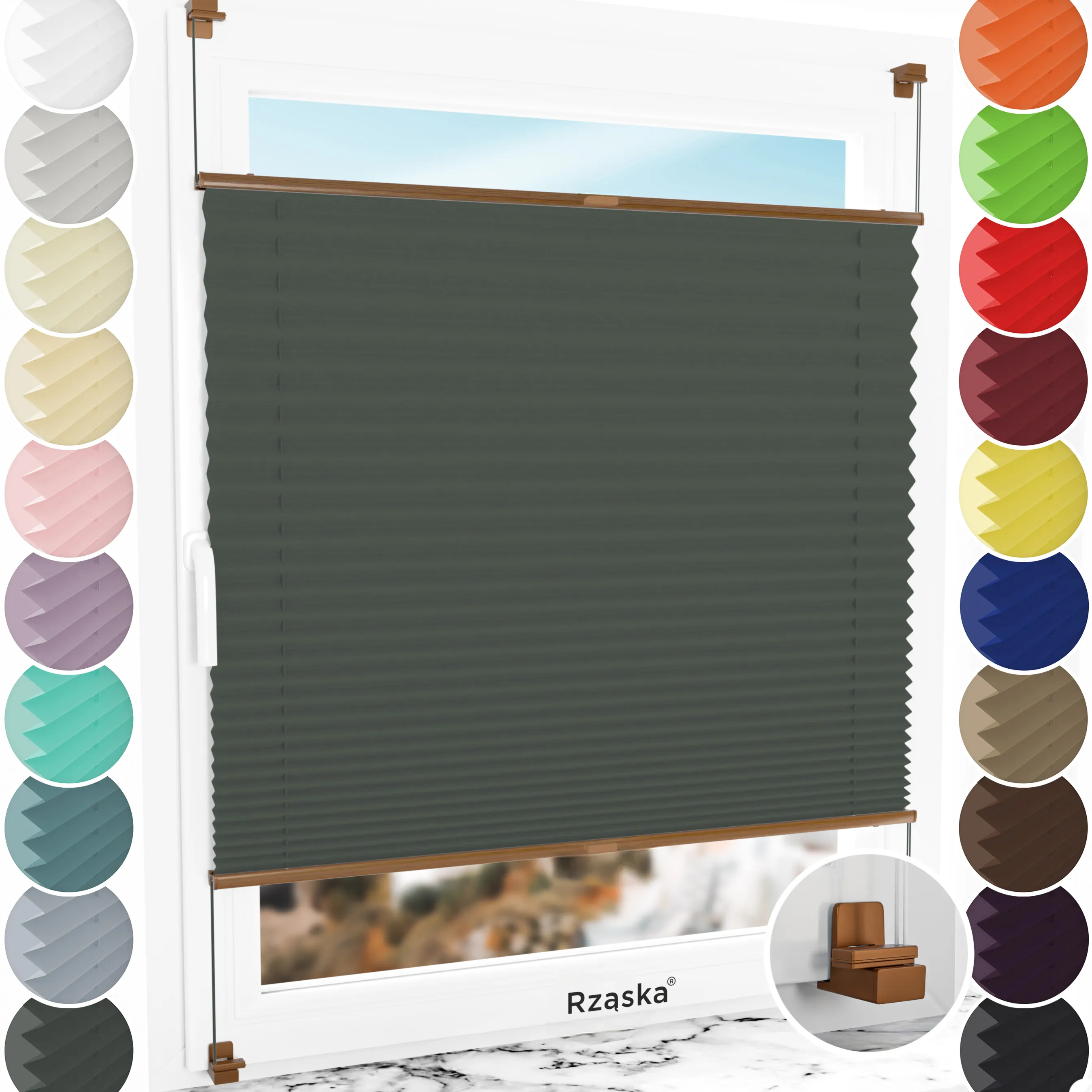 Bezinwazyjne rolety termoizolacyjne Rząska® na wymiar, uchwyty Risinfix do zaciskania na imbus, kolekcja Thermo w kolorze Przed sztormem, szarym z profilem dębowym.