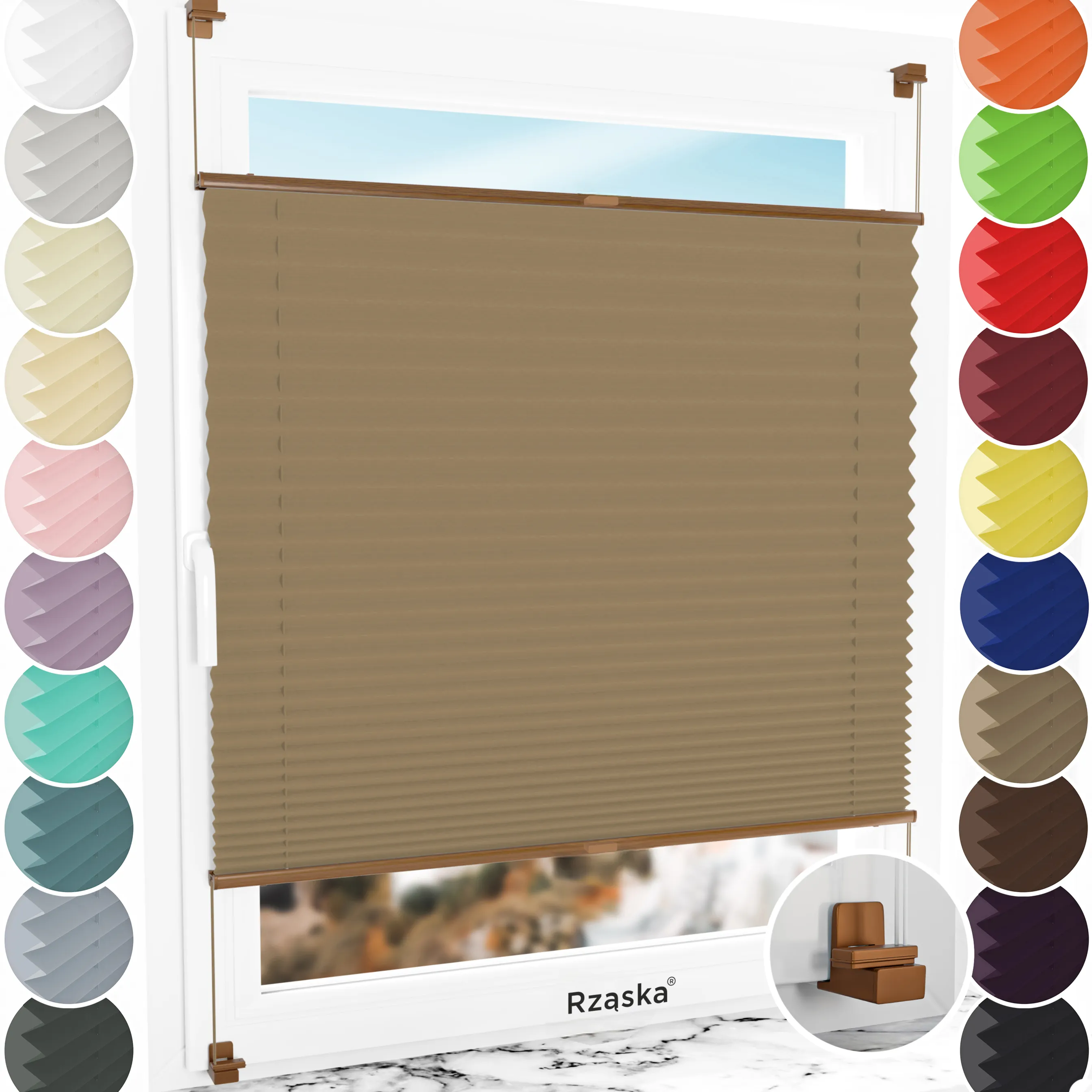 Bezinwazyjne rolety termoizolacyjne Rząska® na wymiar, uchwyty Risinfix do zaciskania na imbus, kolekcja Thermo w kolorze Mokka, jasnobrązowym z profilem dębowym.