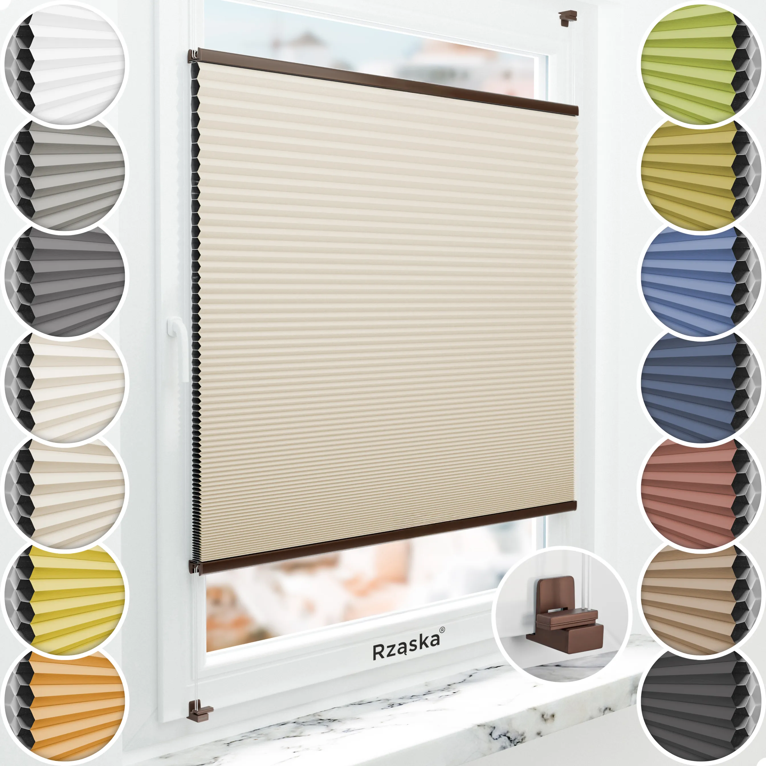 Bezinwazyjne plisy Blackout Rząska® na wymiar o strukturze plastra miodu kolekcja Honeycomb w kolorze Wydma, beżowym z profilem brązowym.