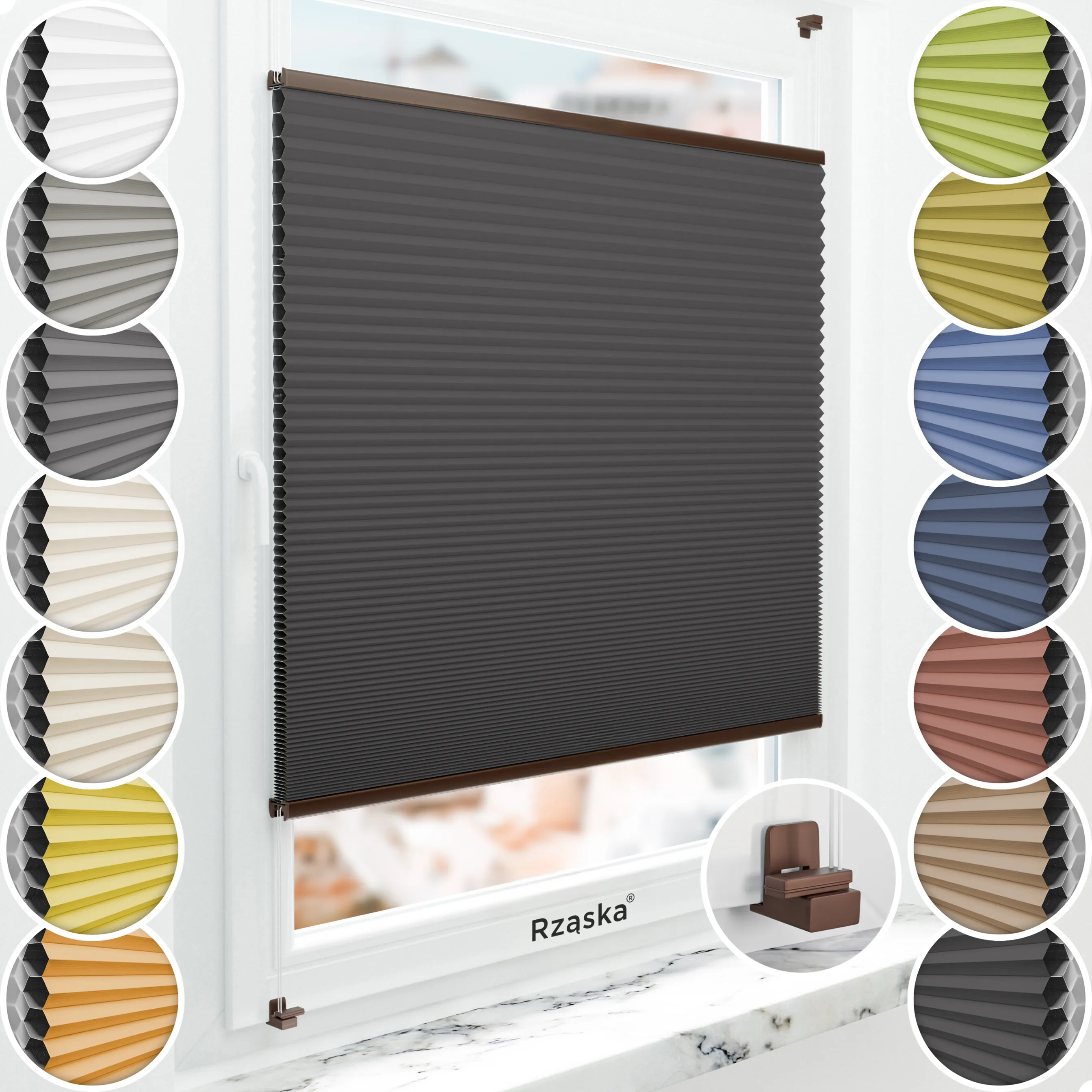 Bezinwazyjne plisy Blackout Rząska® na wymiar o strukturze plastra miodu kolekcja Honeycomb w kolorze Gwiaździsta noc, czarnym z profilem brązowym.