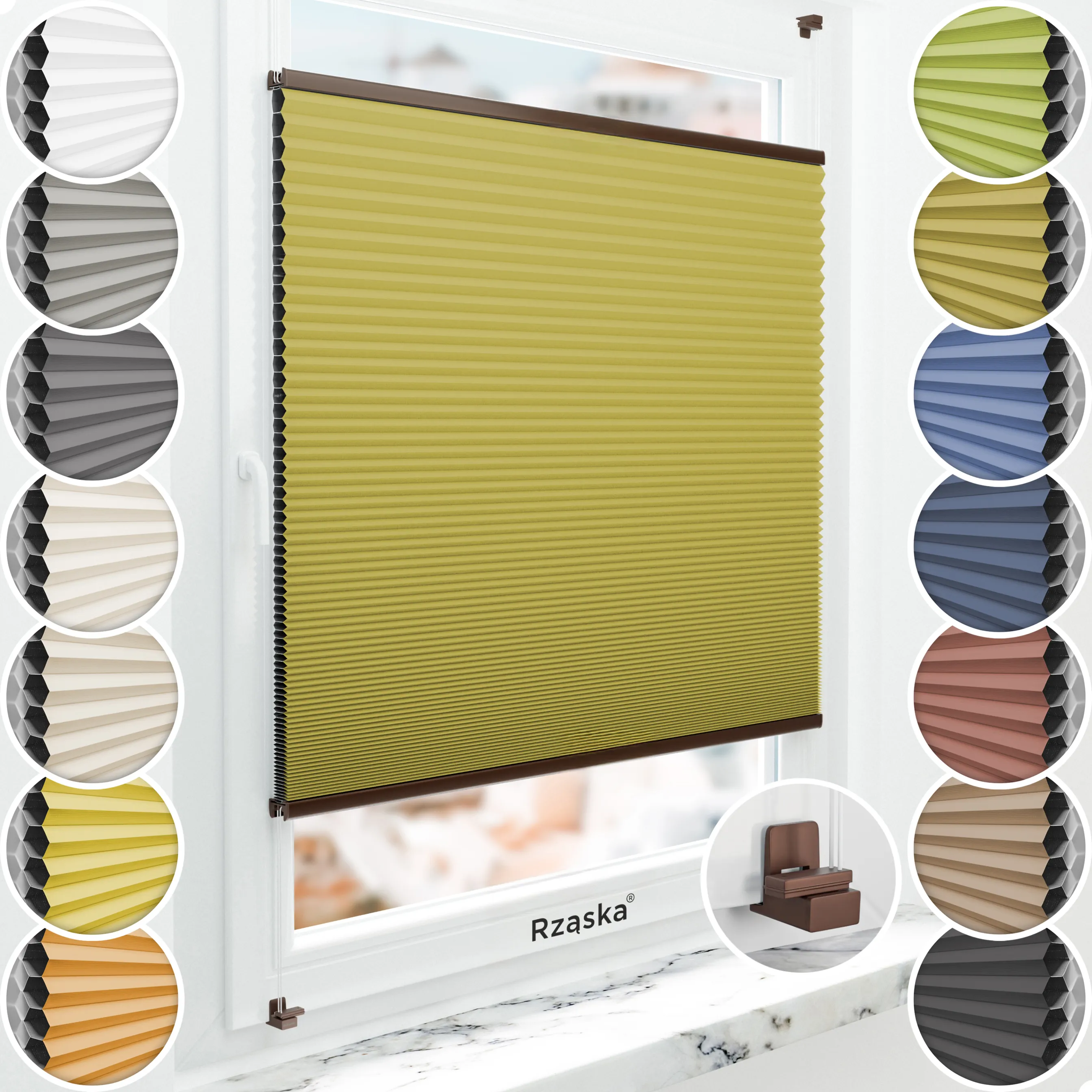 Bezinwazyjne plisy Blackout Rząska® na wymiar o strukturze plastra miodu kolekcja Honeycomb w kolorze Gałązka oliwna, żółtym z profilem brązowym.