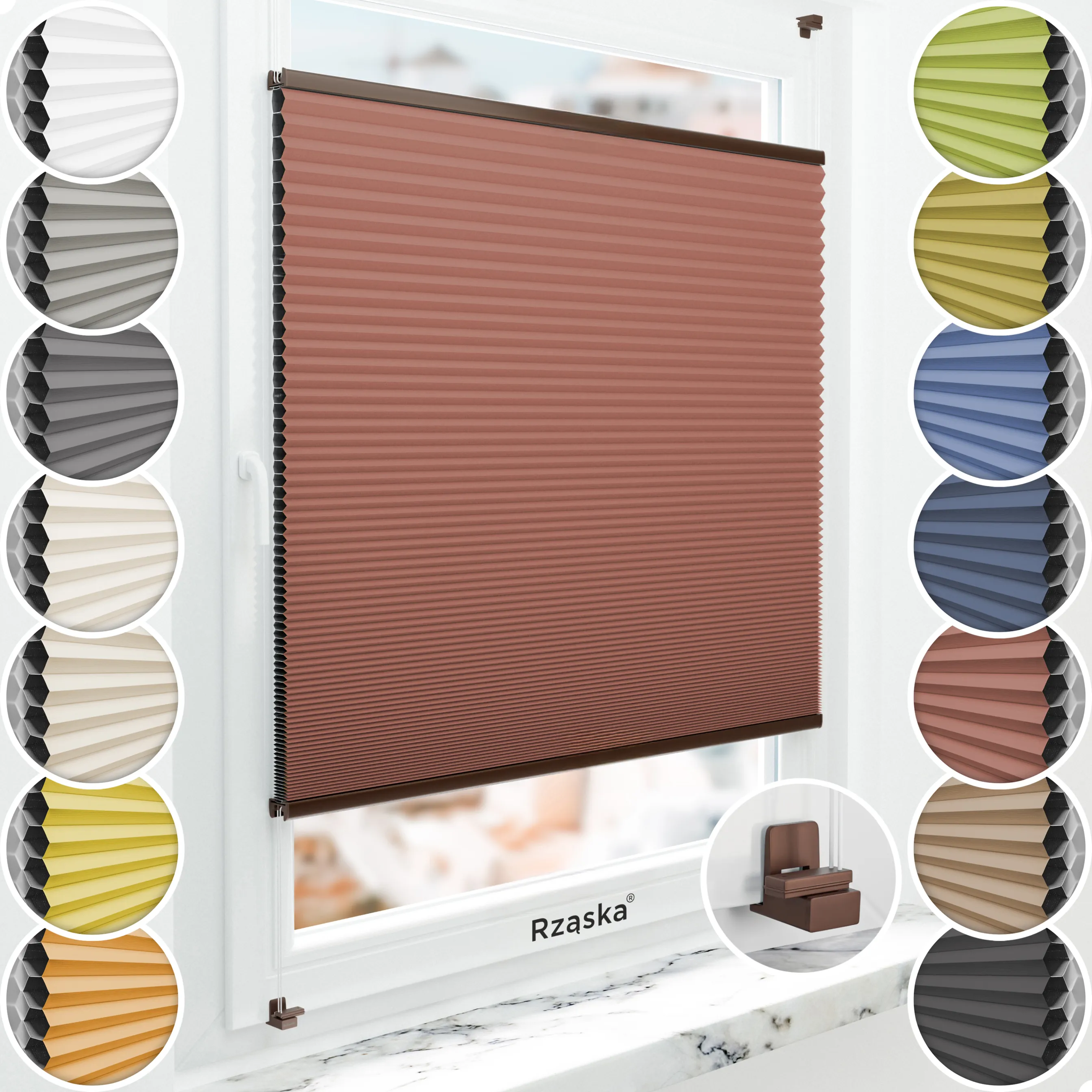 Bezinwazyjne plisy Blackout Rząska® na wymiar o strukturze plastra miodu kolekcja Honeycomb w kolorze Płatek maku, czerwonym z profilem brązowym.