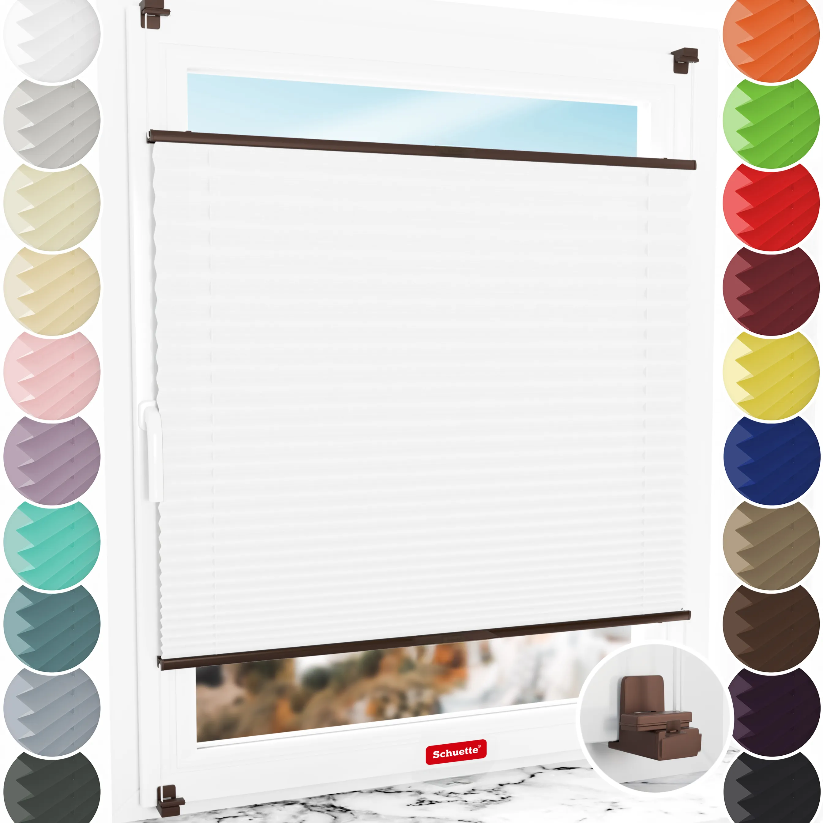 Bezinwazyjne rolety termoizolacyjne Rząska® na wymiar, uchwyty Risinfix do zaciskania na imbus, kolekcja Thermo w kolorze Białe święto, białym z profilem brązowym.