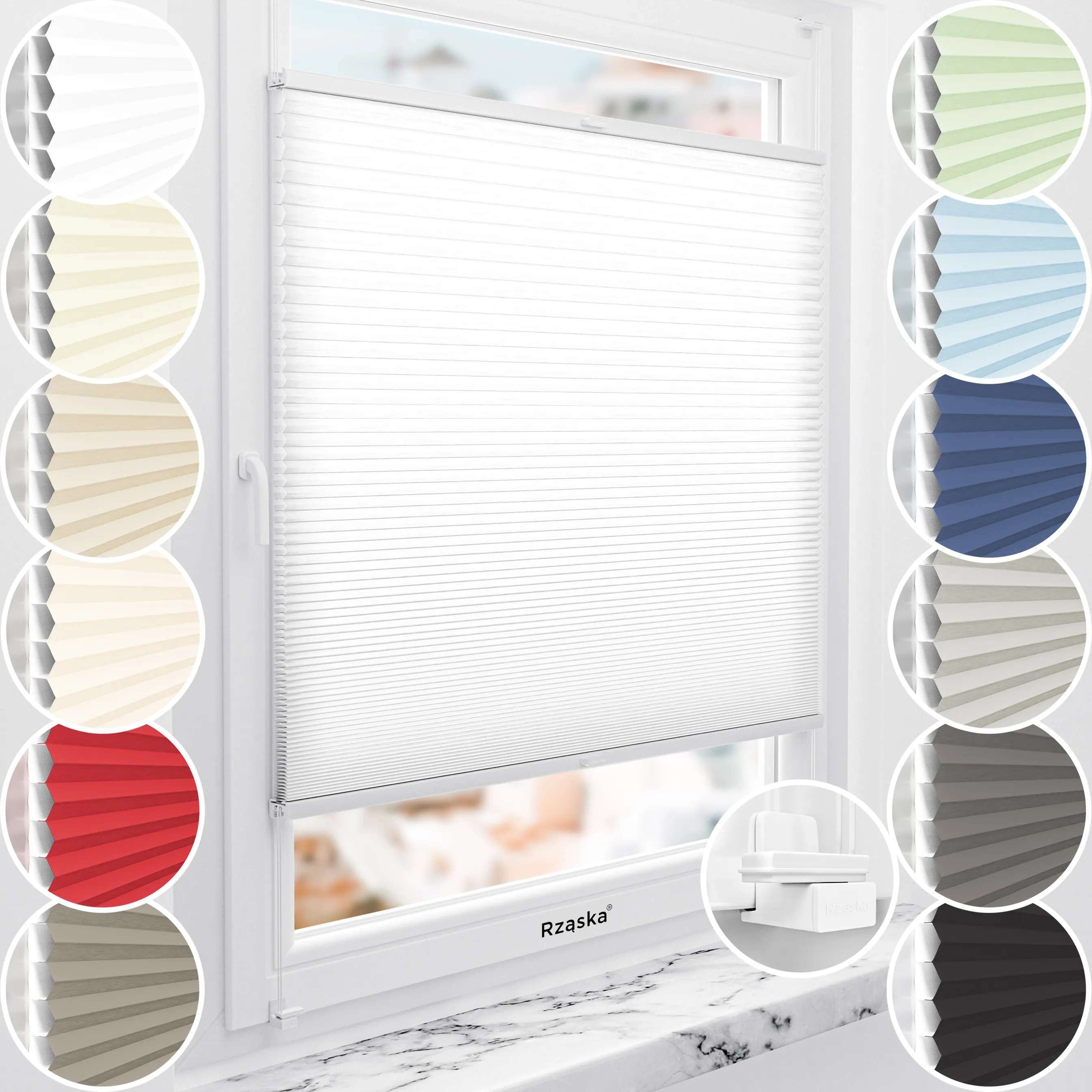 Rząska® bezinwazyjne rolety plisowane na wymiar • Thermo Honeycomb (Plaster Miodu): kolor tkaniny Kokosowy Mus, biały • Risinfix do zaciskania • kolor profili biały