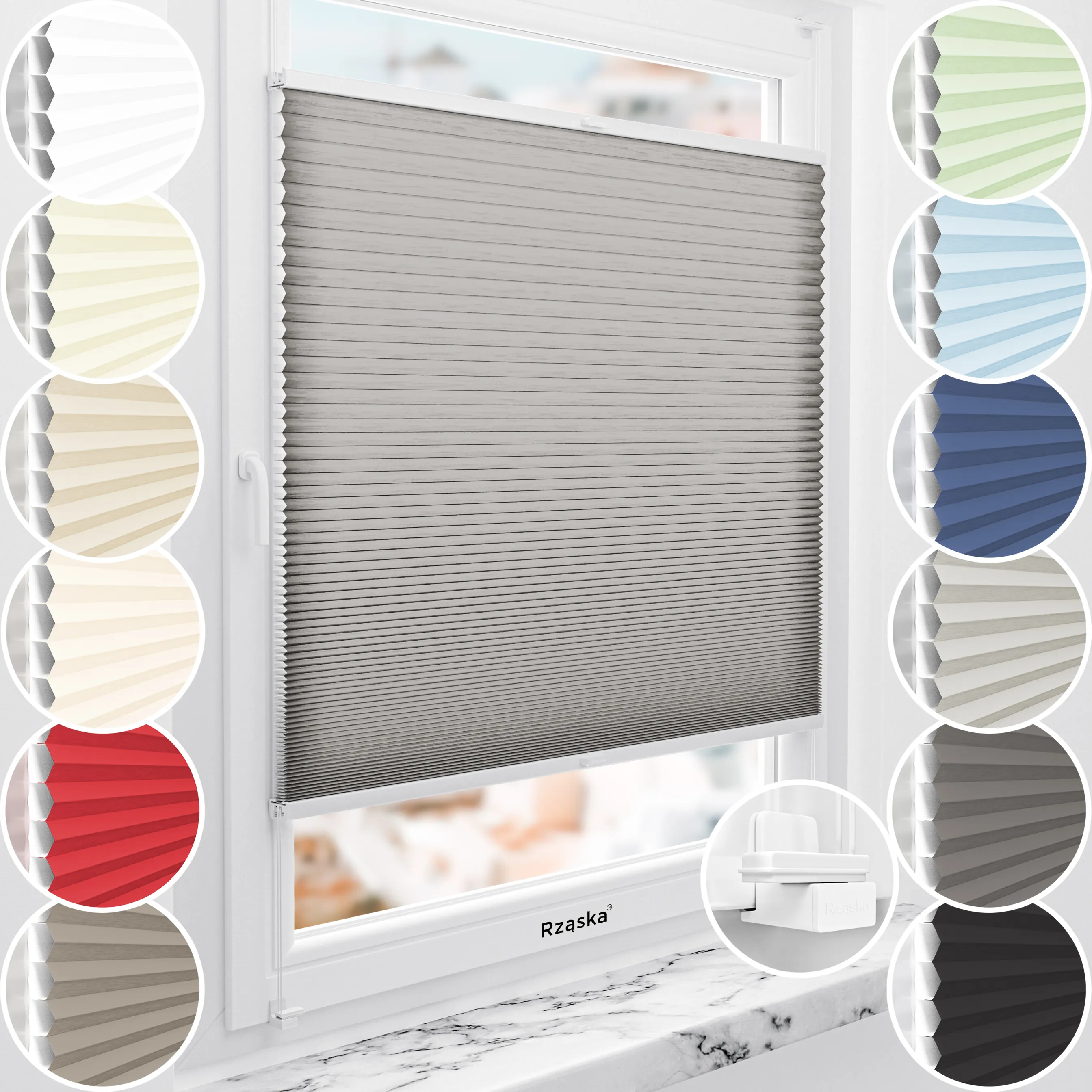 Rząska® bezinwazyjne rolety plisowane na wymiar • Thermo Honeycomb (Plaster Miodu): kolor tkaniny Makowy Pył, ciemnoszary • Risinfix do zaciskania • Kolor profili: brązowy