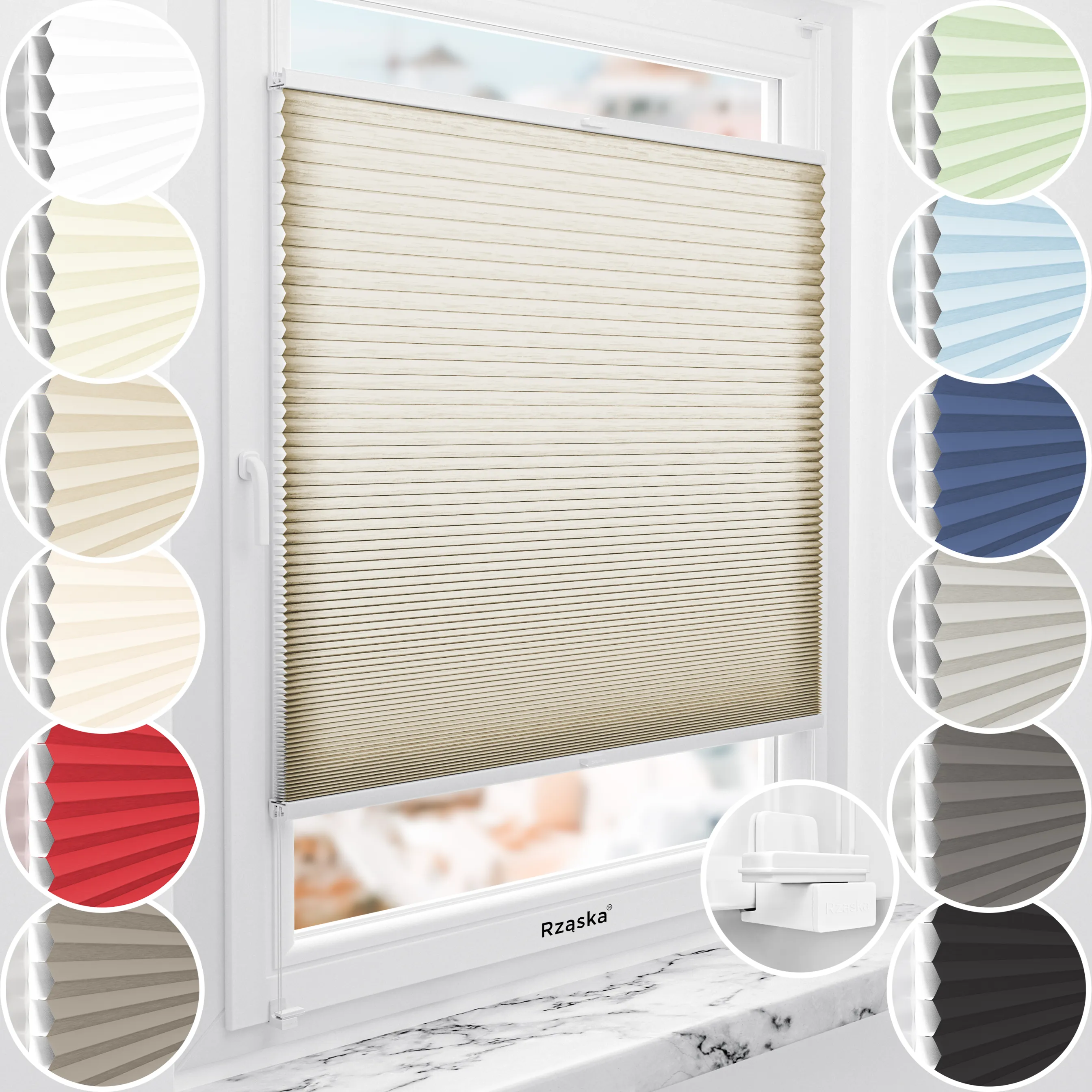 Rząska® bezinwazyjne rolety plisowane na wymiar • Thermo Honeycomb (Plaster Miodu): kolor tkaniny Rzymska kawa, piaskowy • Risinfix do zaciskania • kolor profili biały