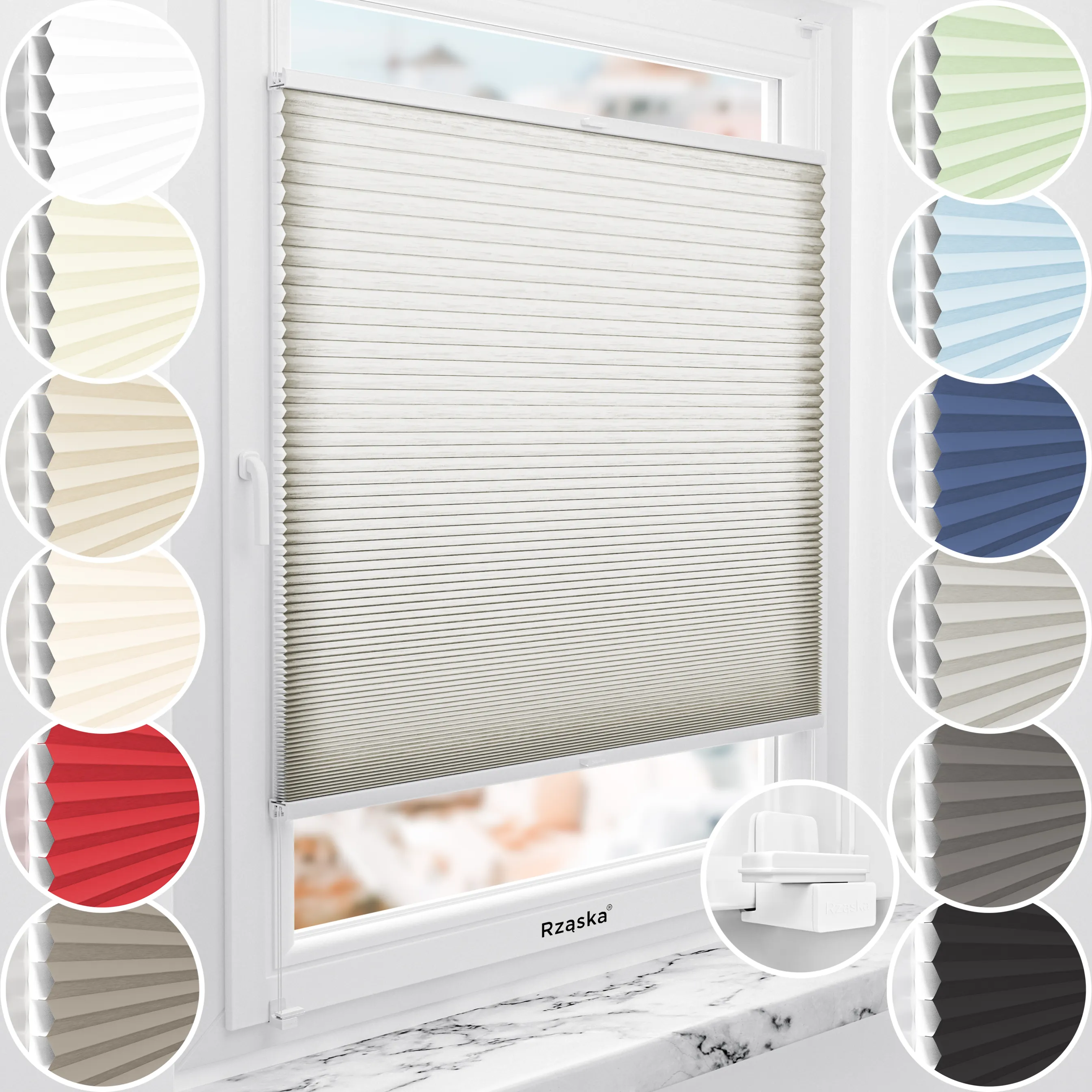 Rząska® bezinwazyjne rolety plisowane na wymiar • Thermo Honeycomb (Plaster Miodu): kolor tkaniny Chia Pudding, szary • Risinfix do zaciskania • Kolor profili: orzech